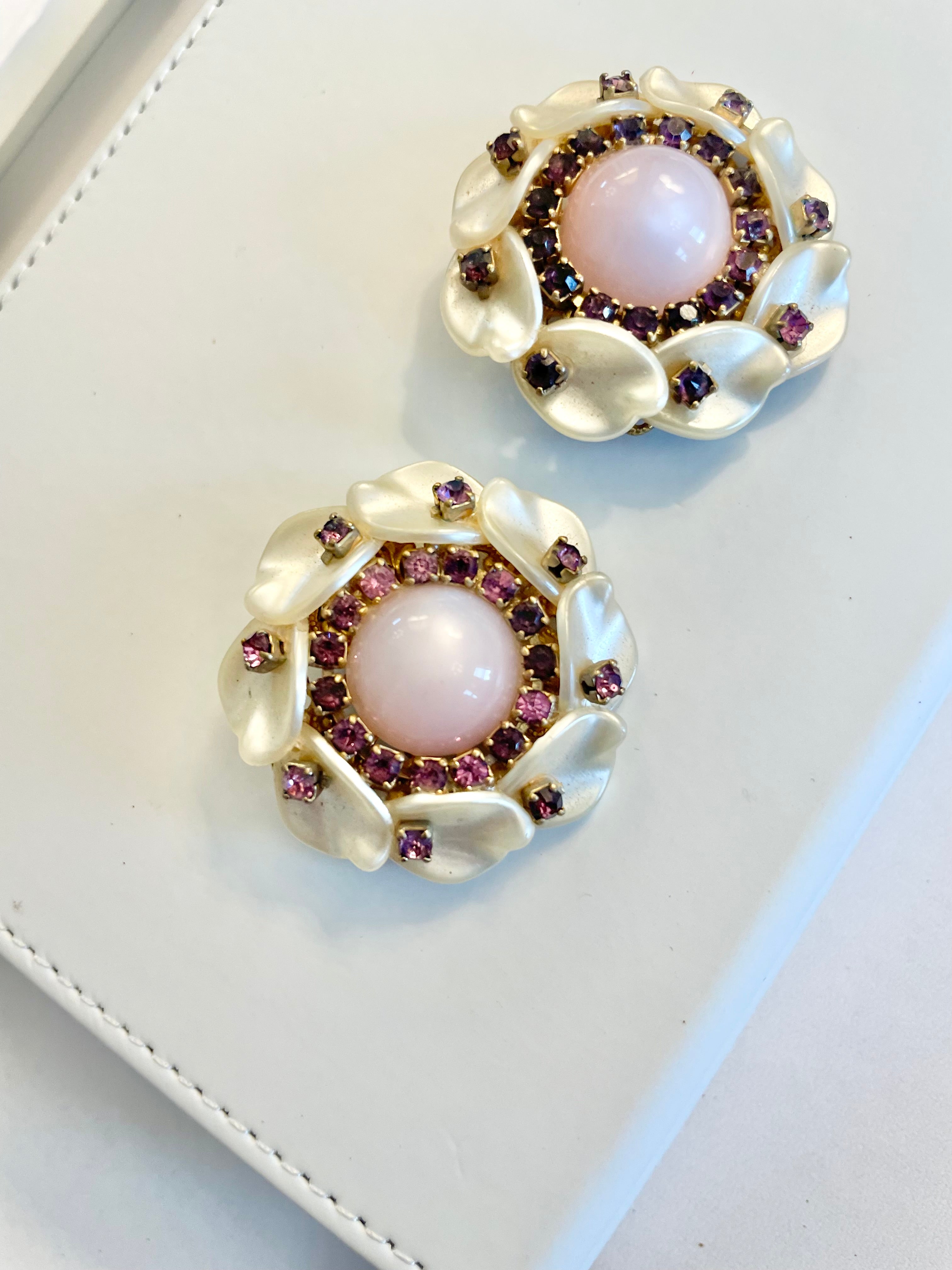 Vintage 1960's feminine, soft pink faux moonstone clip earrings, dusted with purple glass stones.. so divine