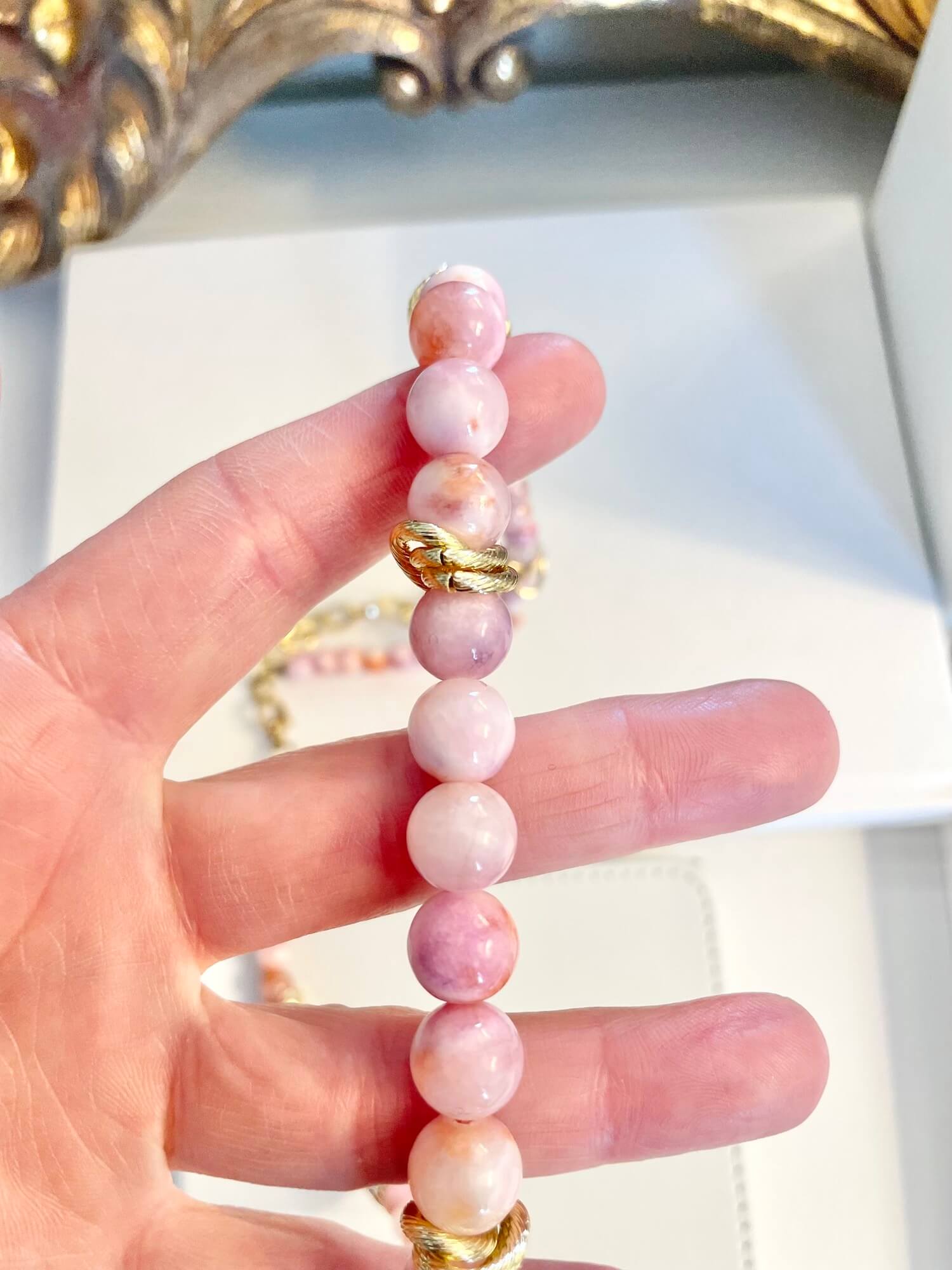 Vintage 1970's soft pink glass beaded necklace, with a dusting of gold.... so timeless