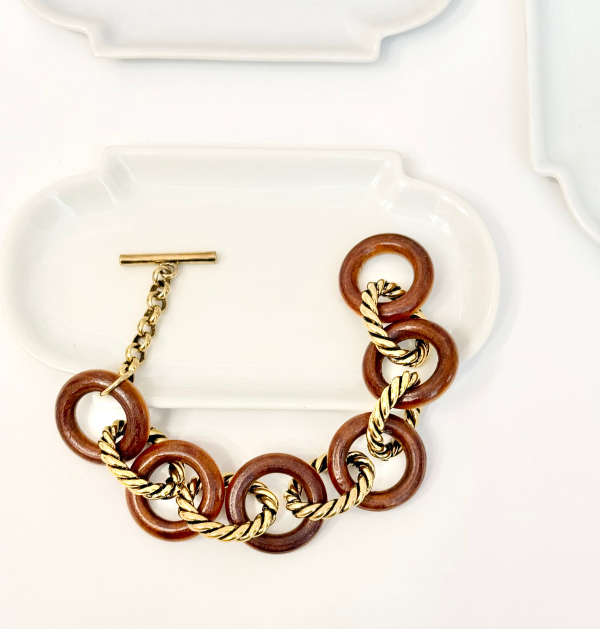 The most classy wood link bracelet with sassy toggle.