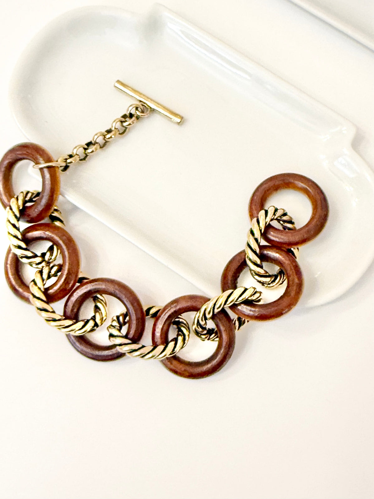 The most classy wood link bracelet with sassy toggle.
