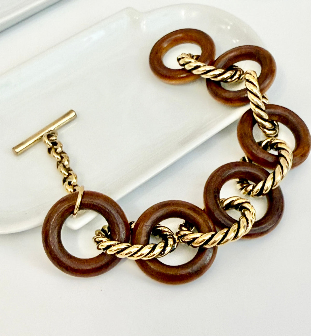 The most classy wood link bracelet with sassy toggle.