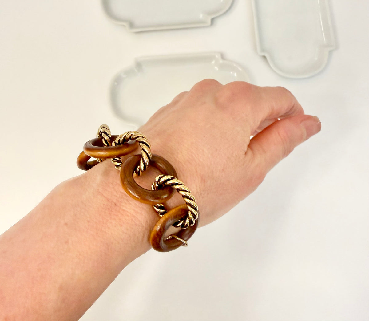 The most classy wood link bracelet with sassy toggle.