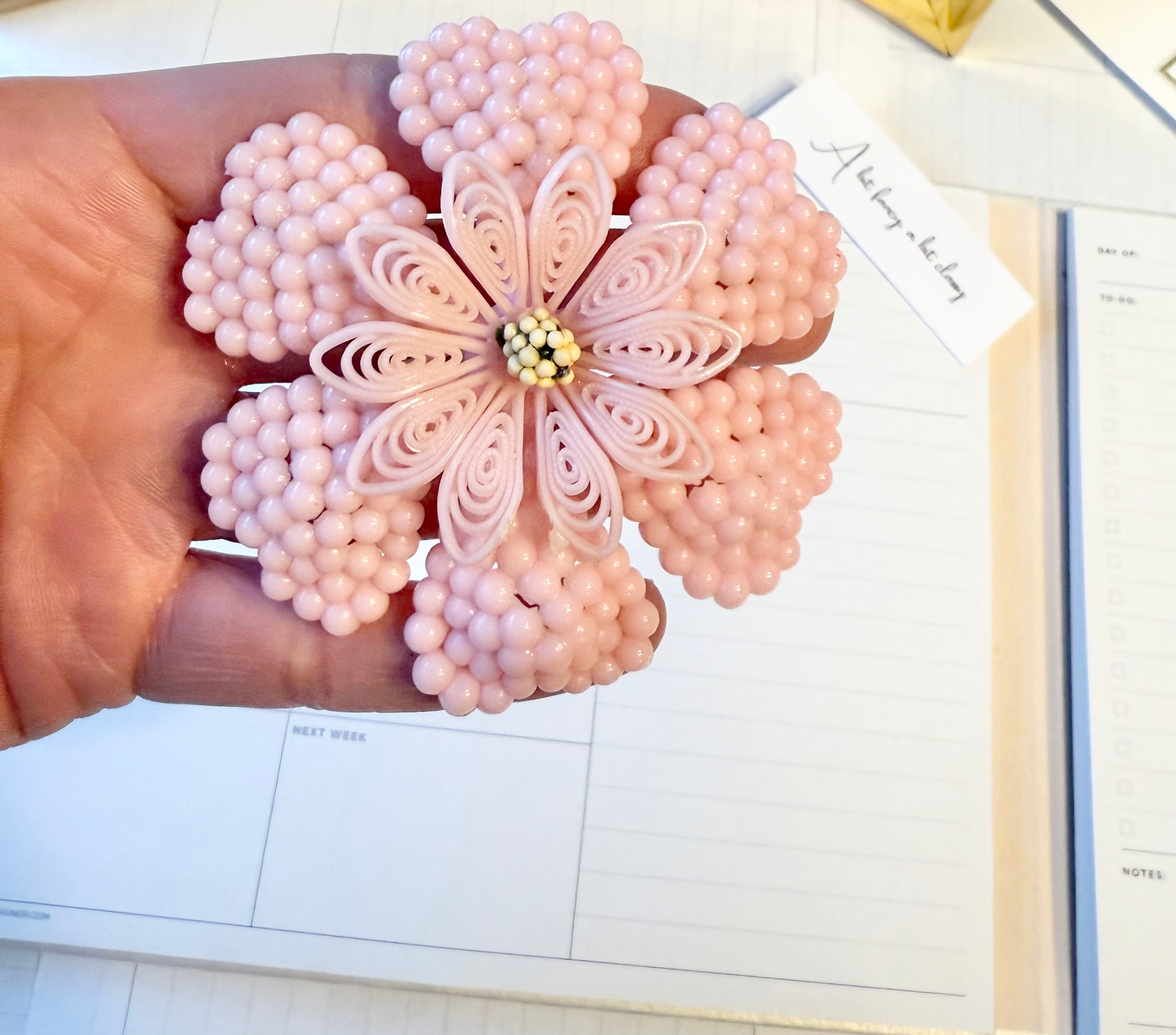 1950's large soft pink flower brooch.... so feminine