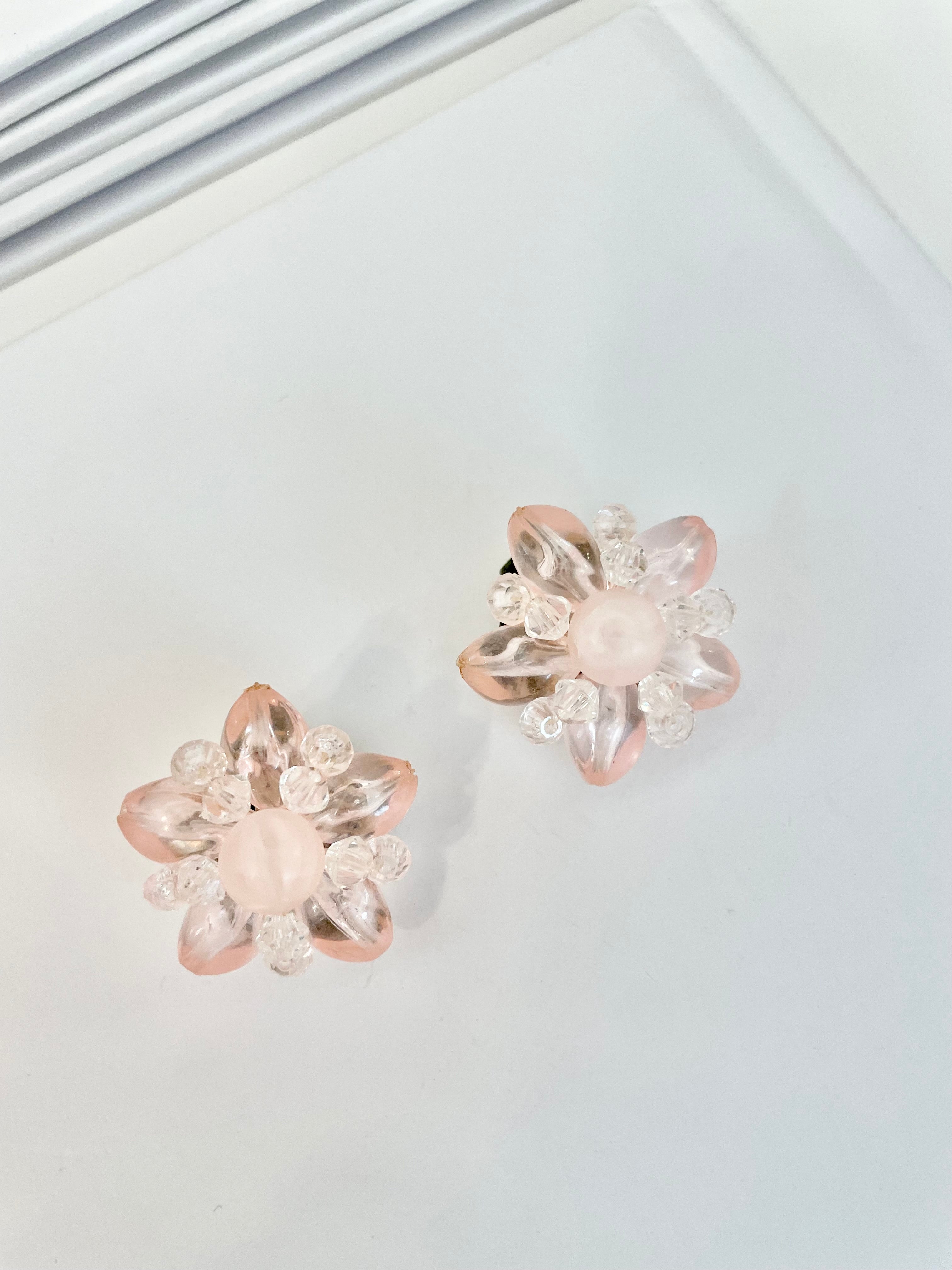 1960's Flirty gal soft pink divine lucite flower earrings... so elegant