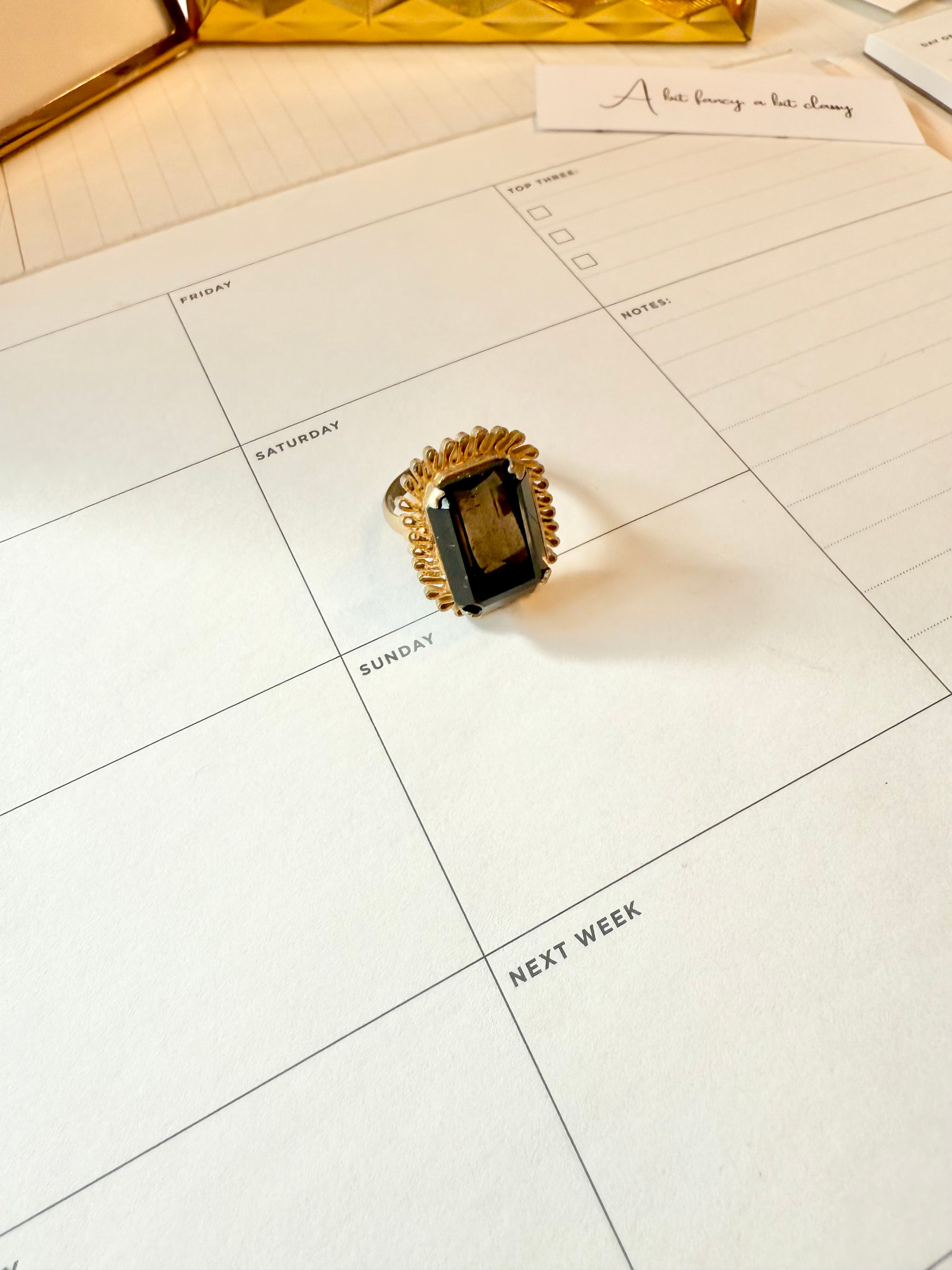 Darling emerald cut faux smoky topaz class ring... so chic