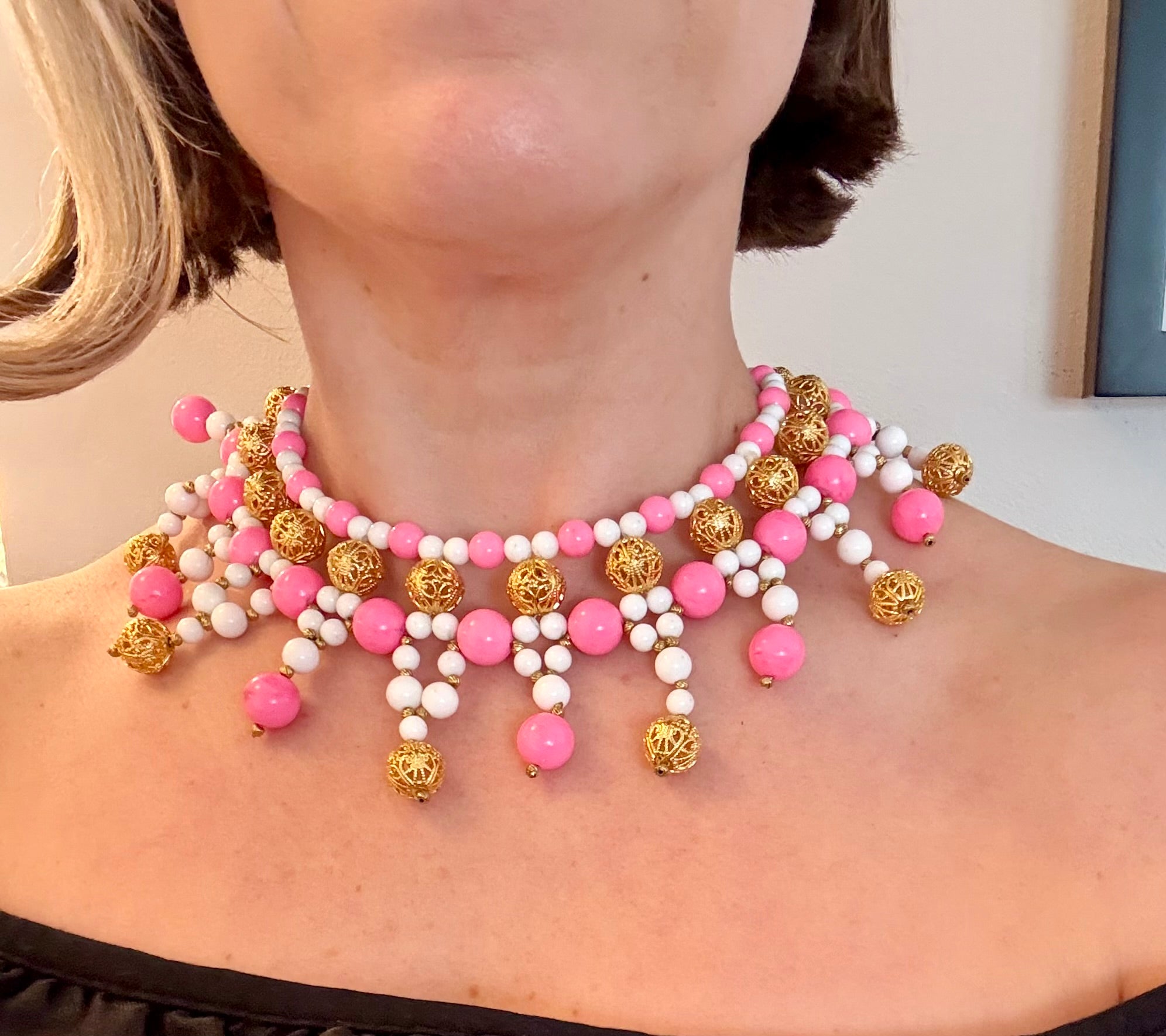 Made In France stunning pink and gold collar necklace...