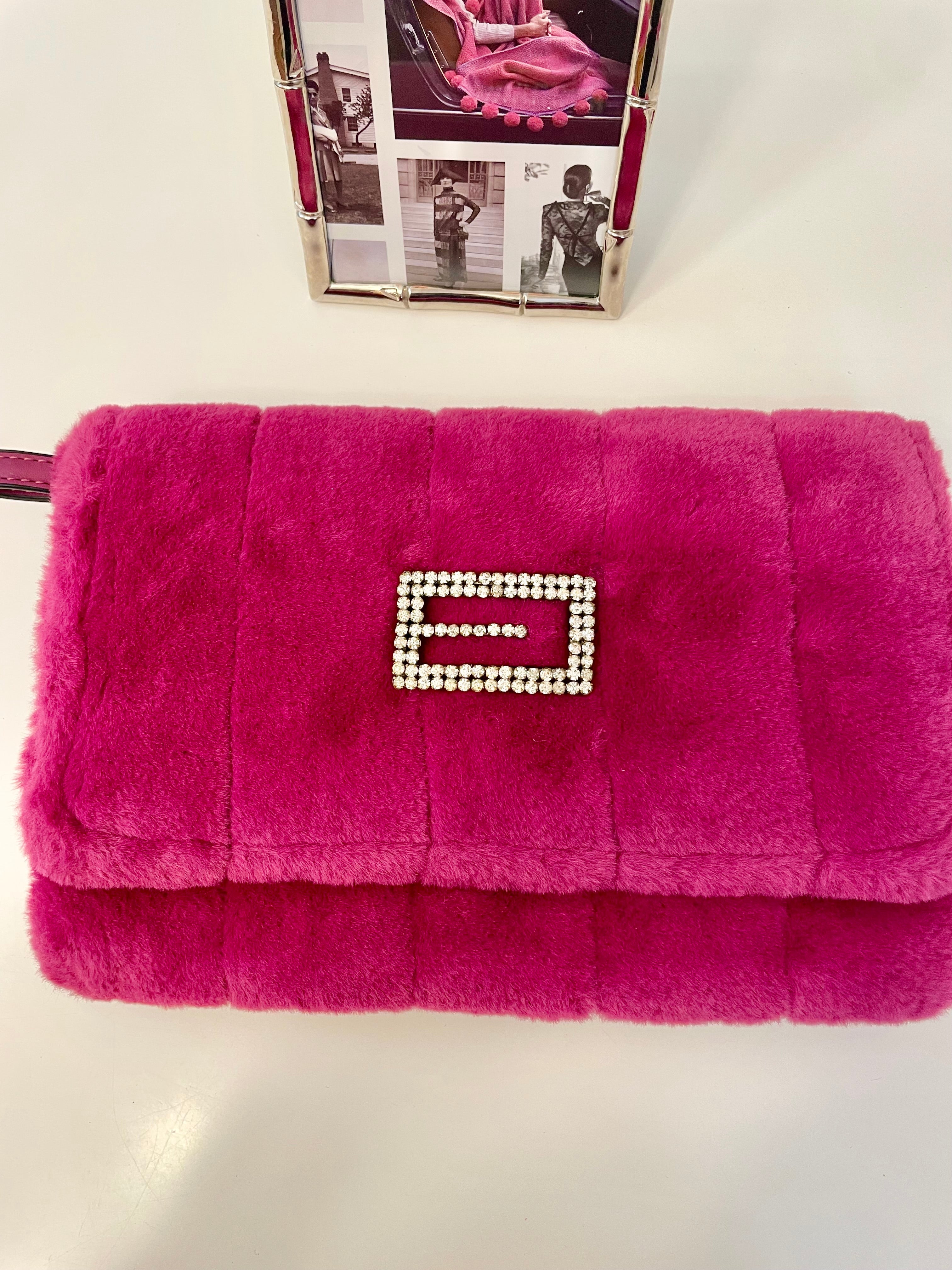 Flirty gal magenta soft and rich faux fur clutch bag adorned with rhinestones..so stunning