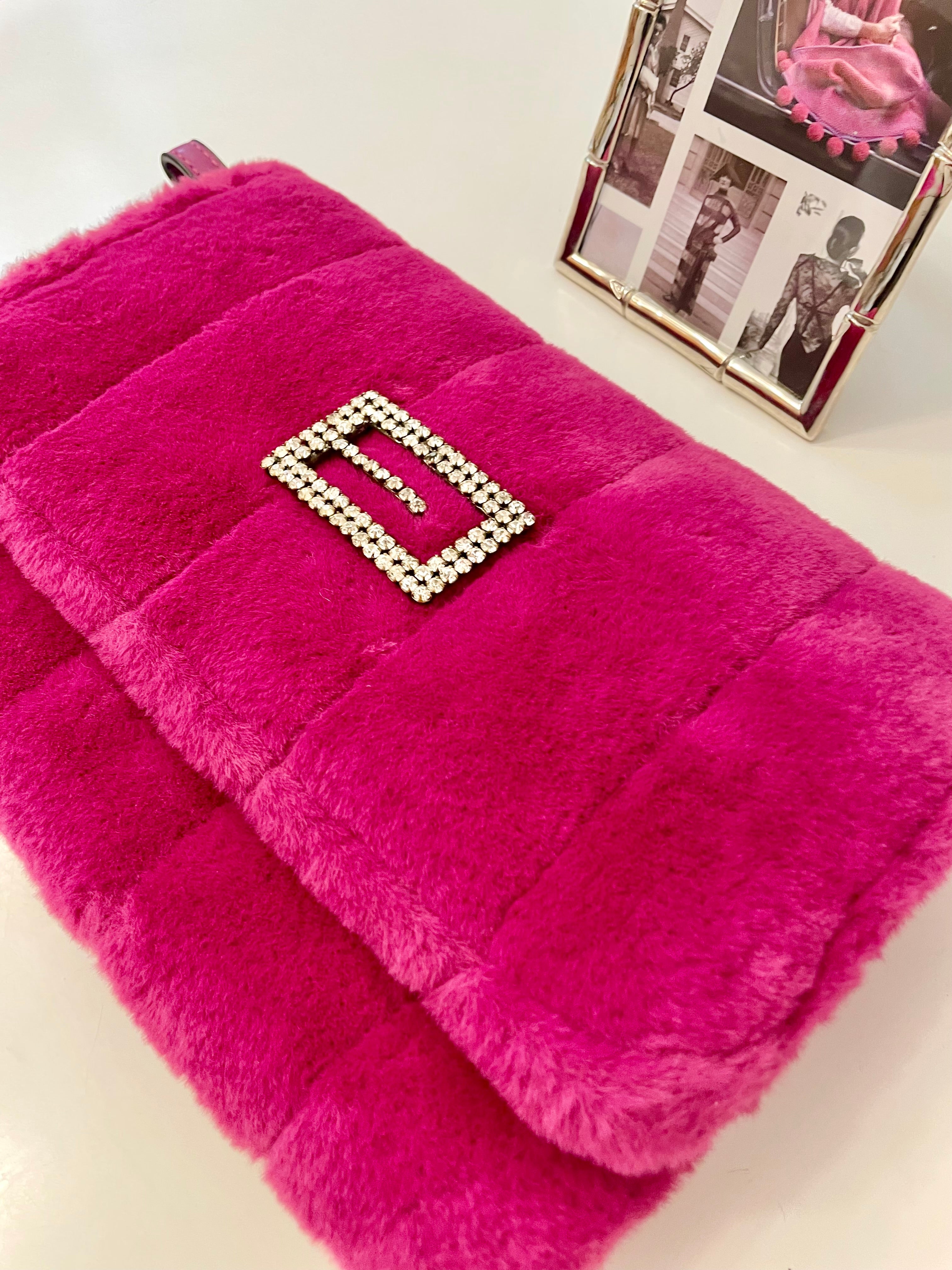 Flirty gal magenta soft and rich faux fur clutch bag adorned with rhinestones..so stunning