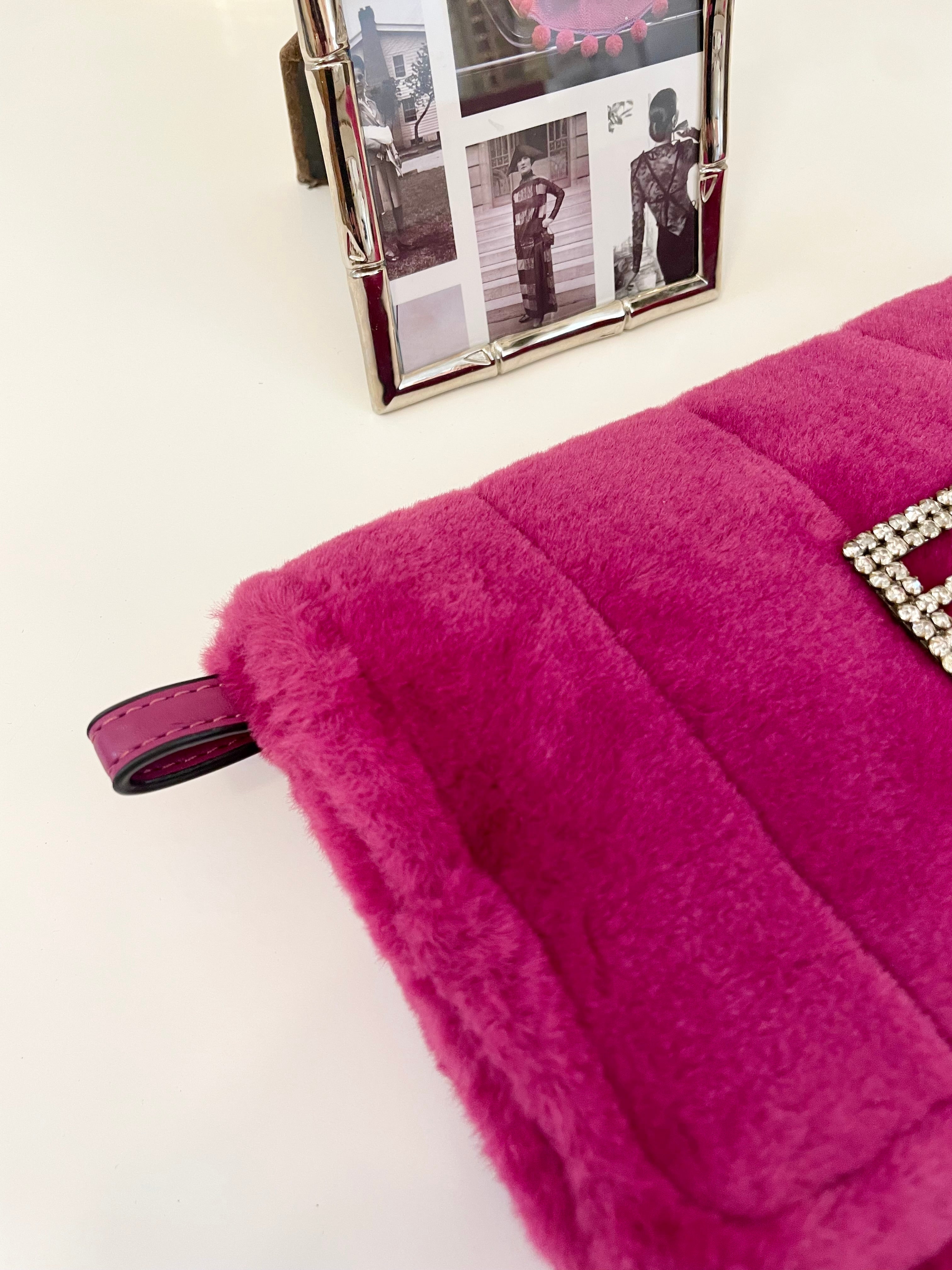 Flirty gal magenta soft and rich faux fur clutch bag adorned with rhinestones..so stunning