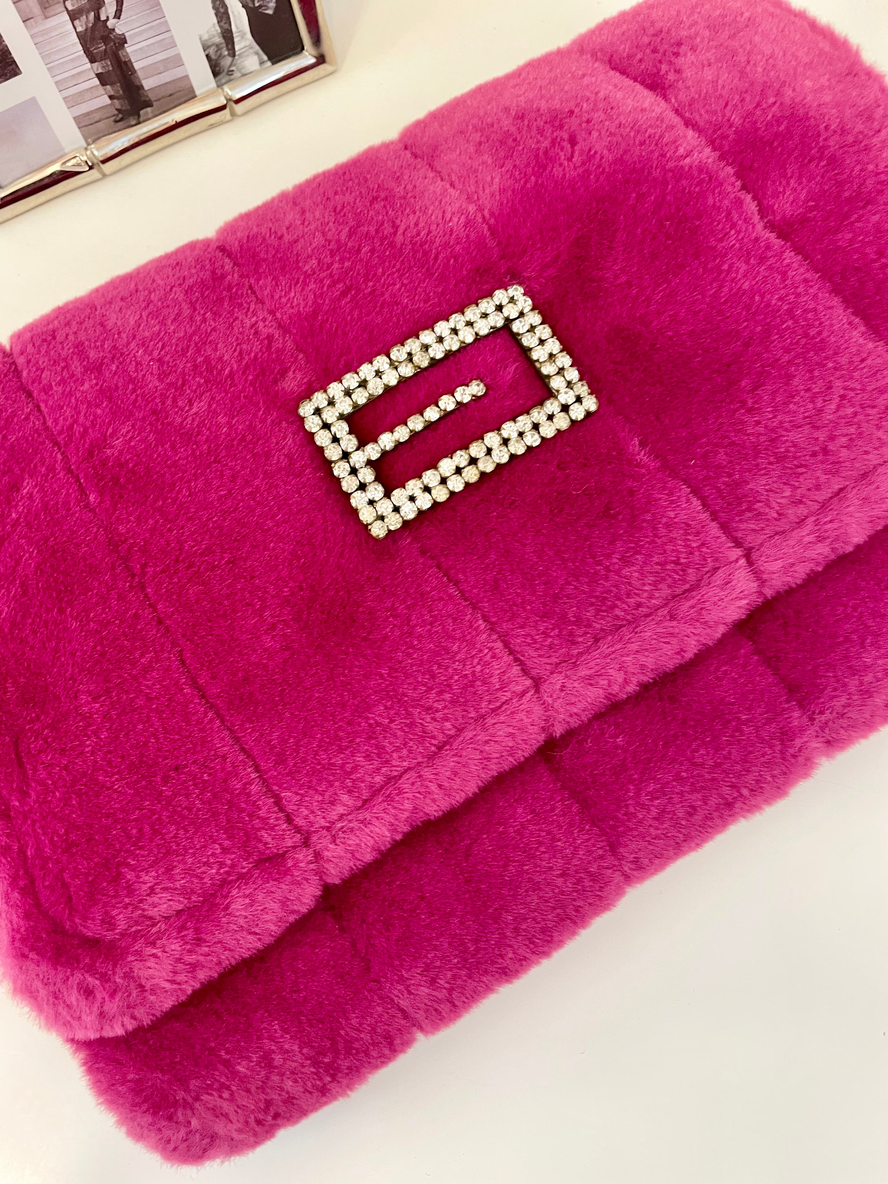 Flirty gal magenta soft and rich faux fur clutch bag adorned with rhinestones..so stunning