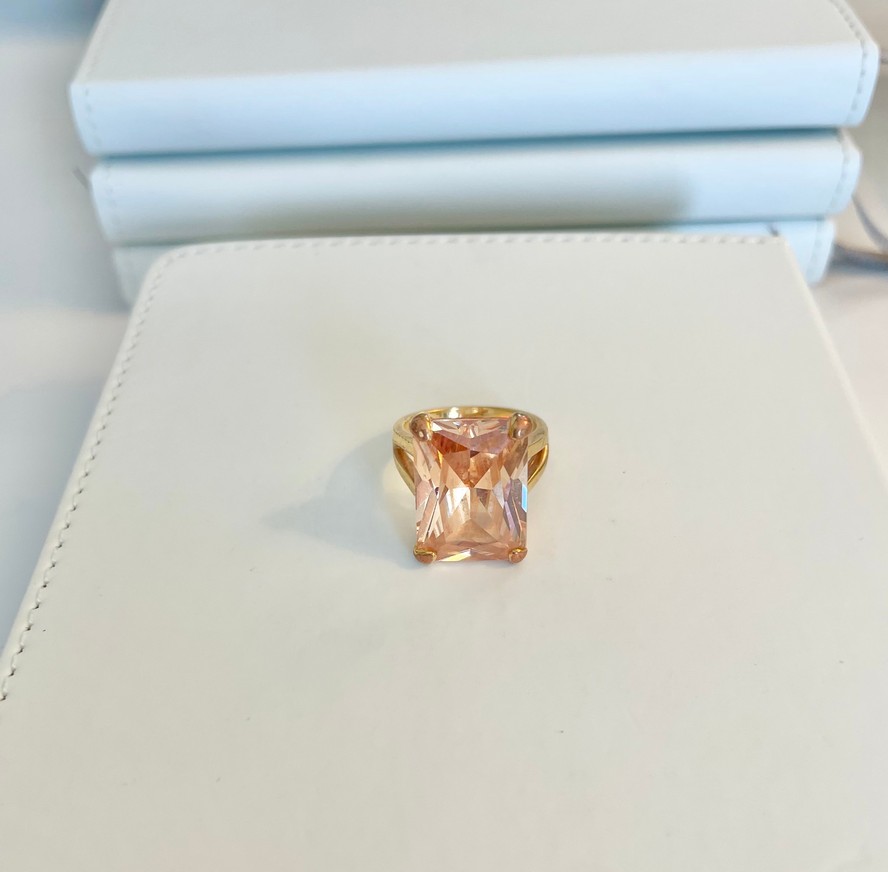 Vintage stunning, emerald cut faux orange citrine glass cocktail ring... so extraordinary