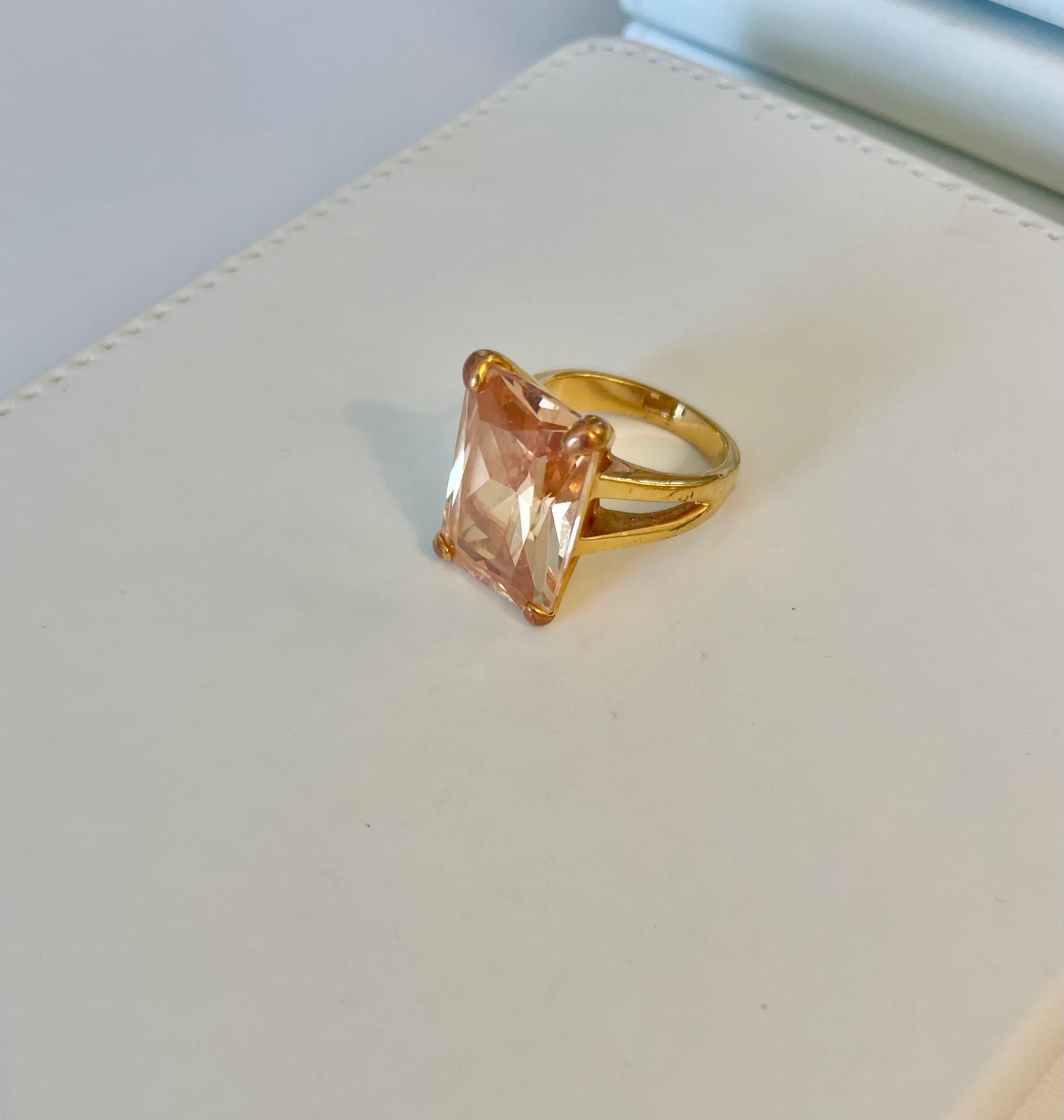 Vintage stunning, emerald cut faux orange citrine glass cocktail ring... so extraordinary