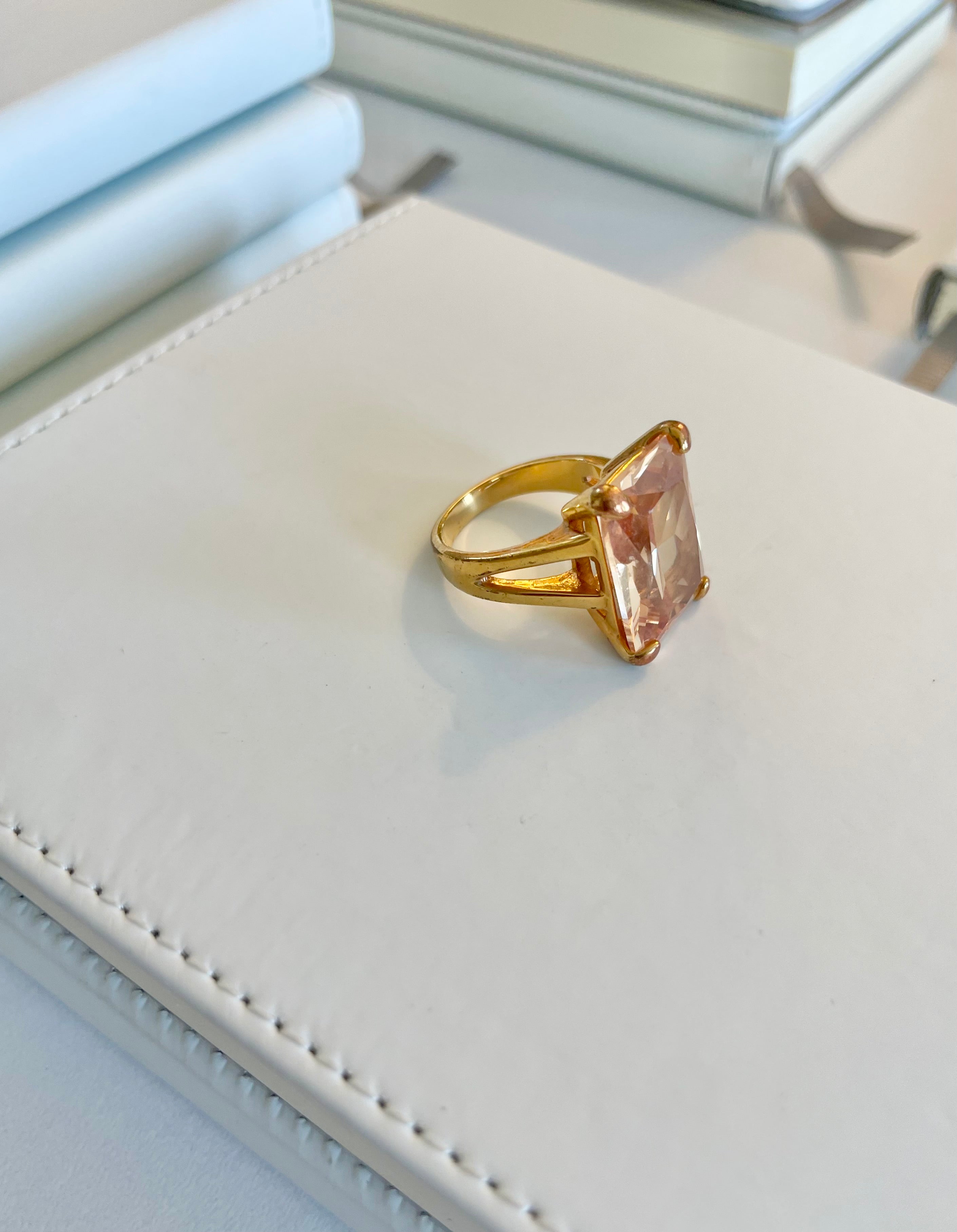 Vintage stunning, emerald cut faux orange citrine glass cocktail ring... so extraordinary