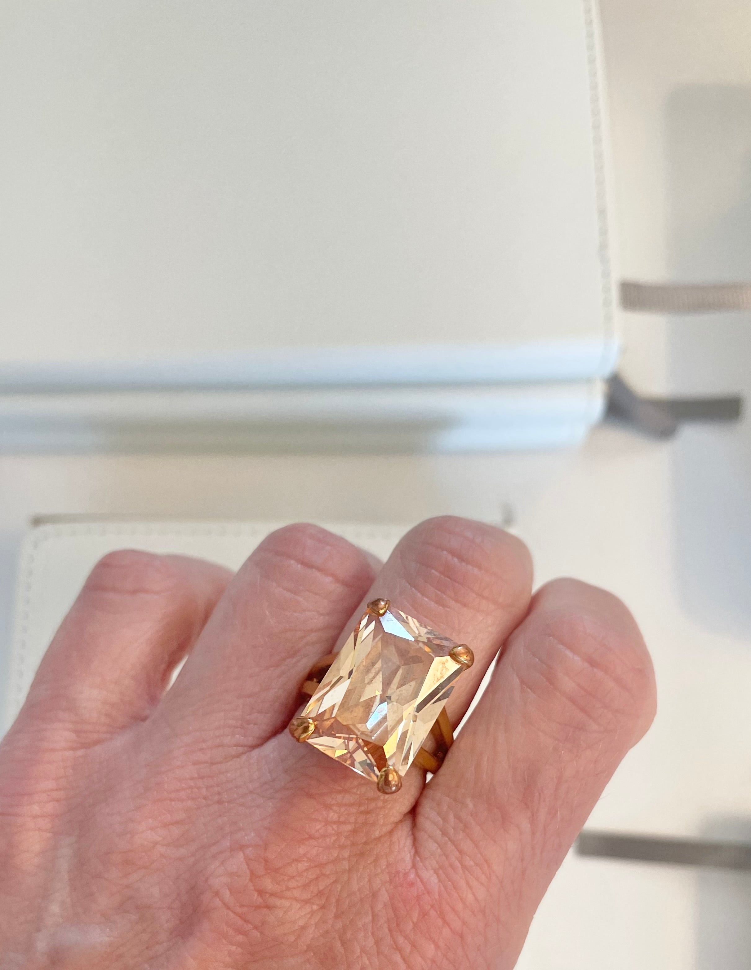 Vintage stunning, emerald cut faux orange citrine glass cocktail ring... so extraordinary