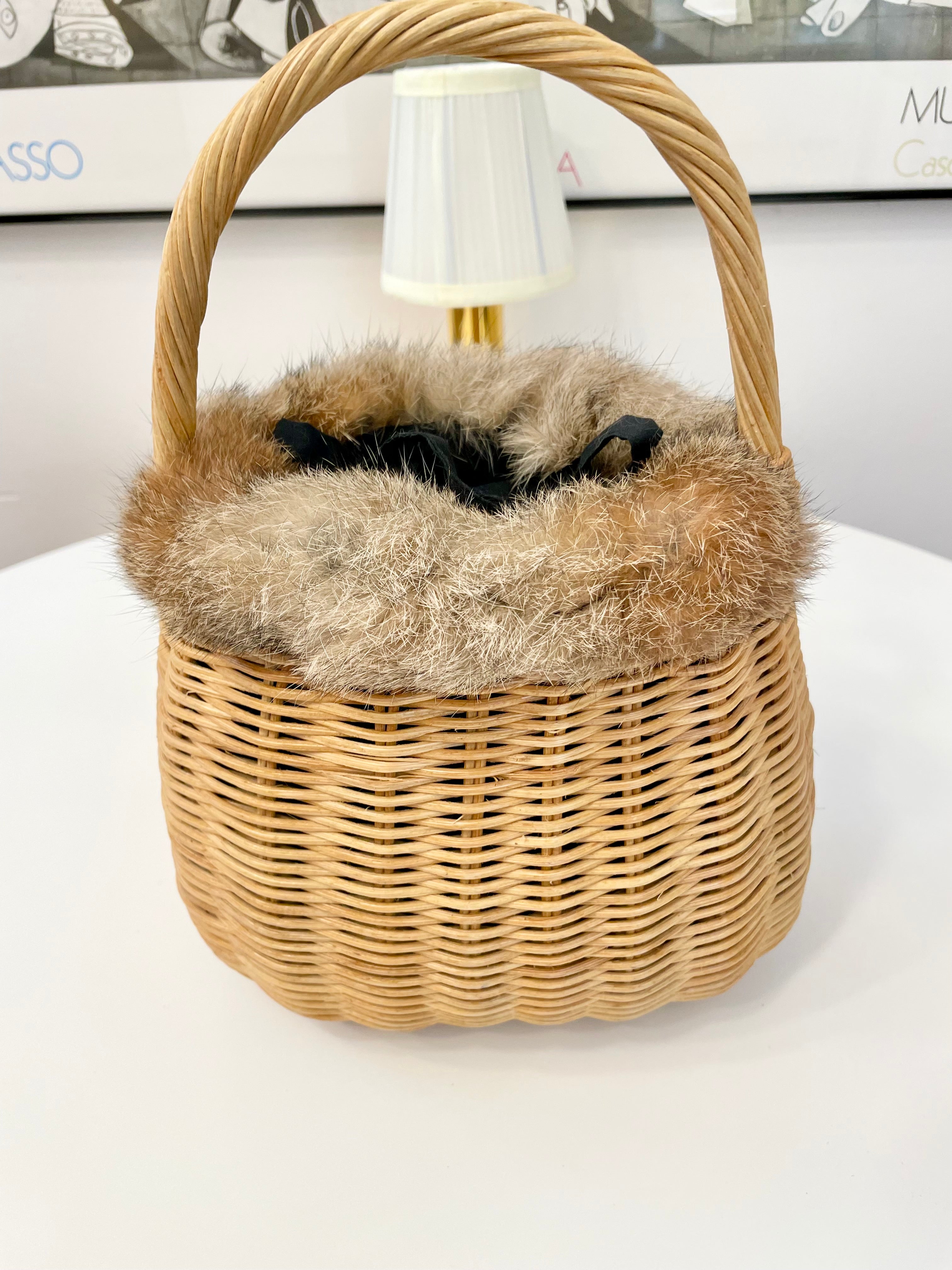 Vintage cheeky basket bag trimmed with vintage fox fur.... so delightful.
