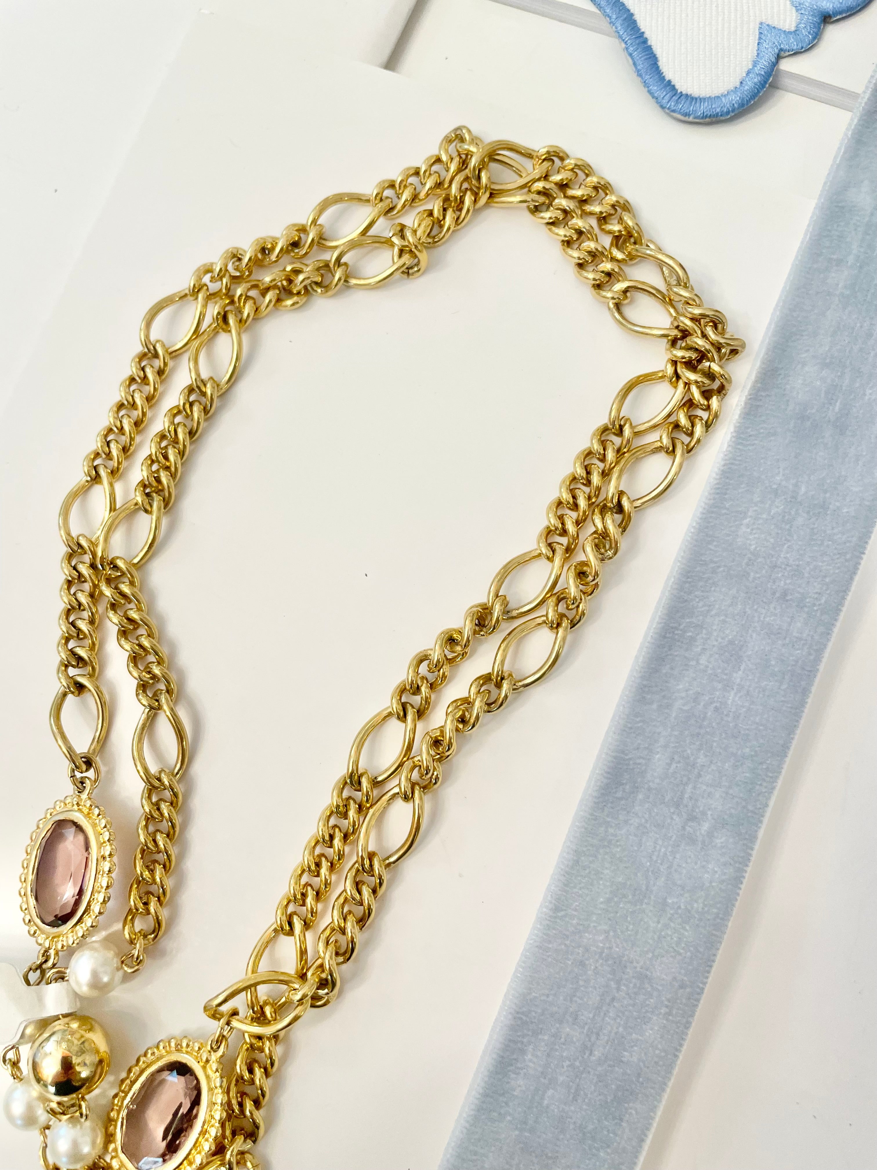 1970's gold chain runway necklace that is dusted with pearls and purple glass stones! So charming