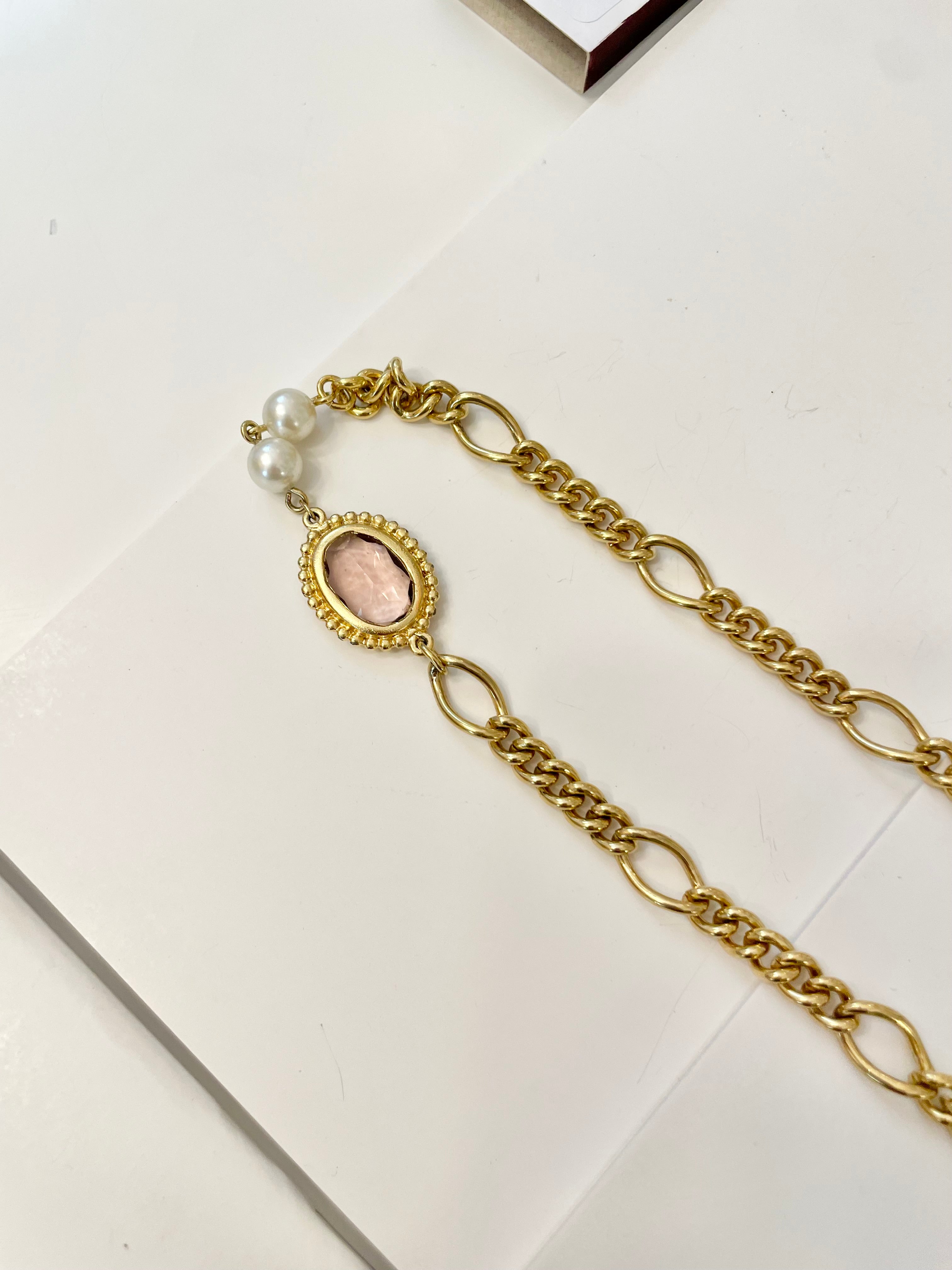 1970's gold chain runway necklace that is dusted with pearls and purple glass stones! So charming