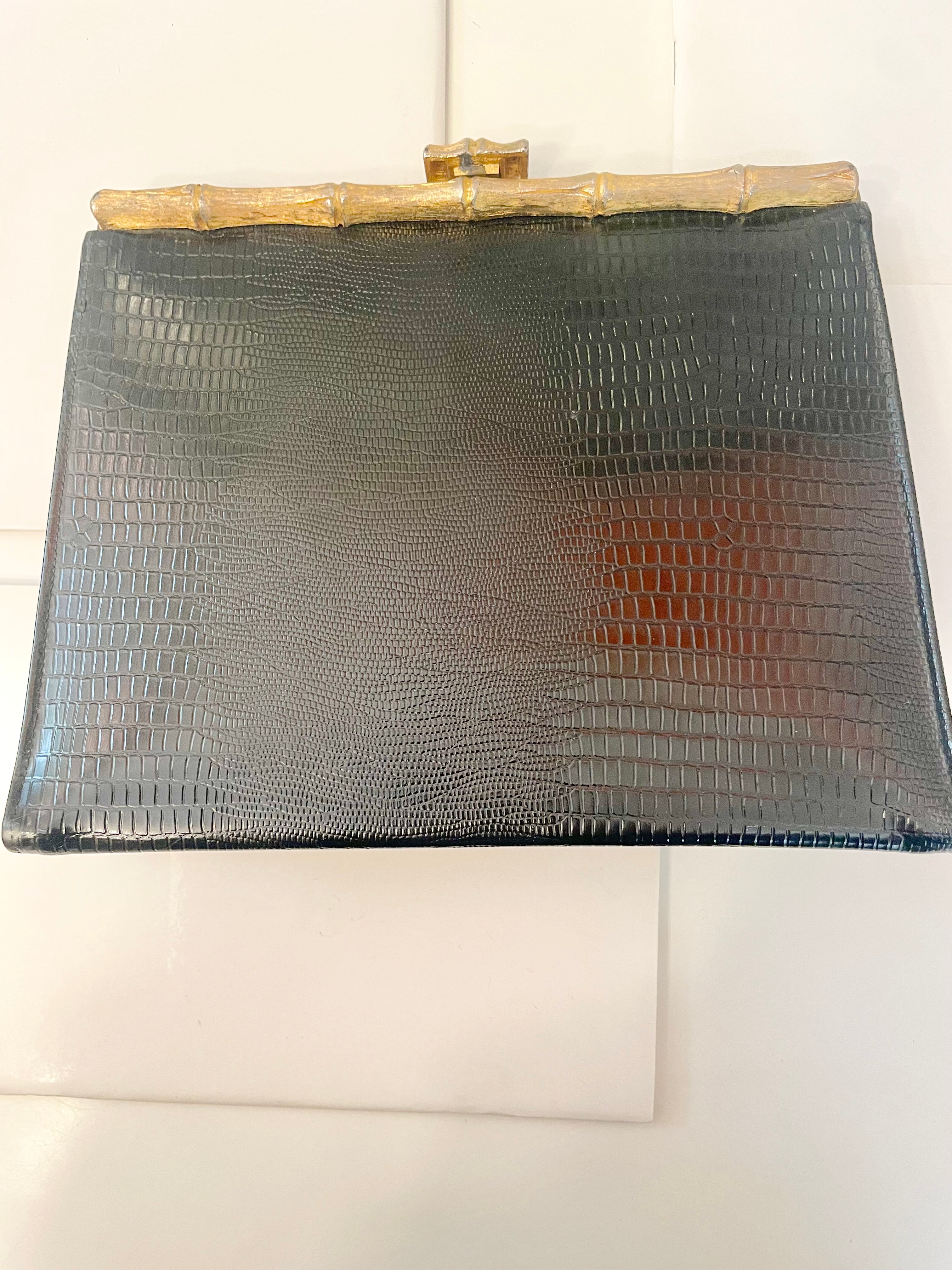 1960's Marshall Fields super classy faux leather clutch bag with bamboo details...