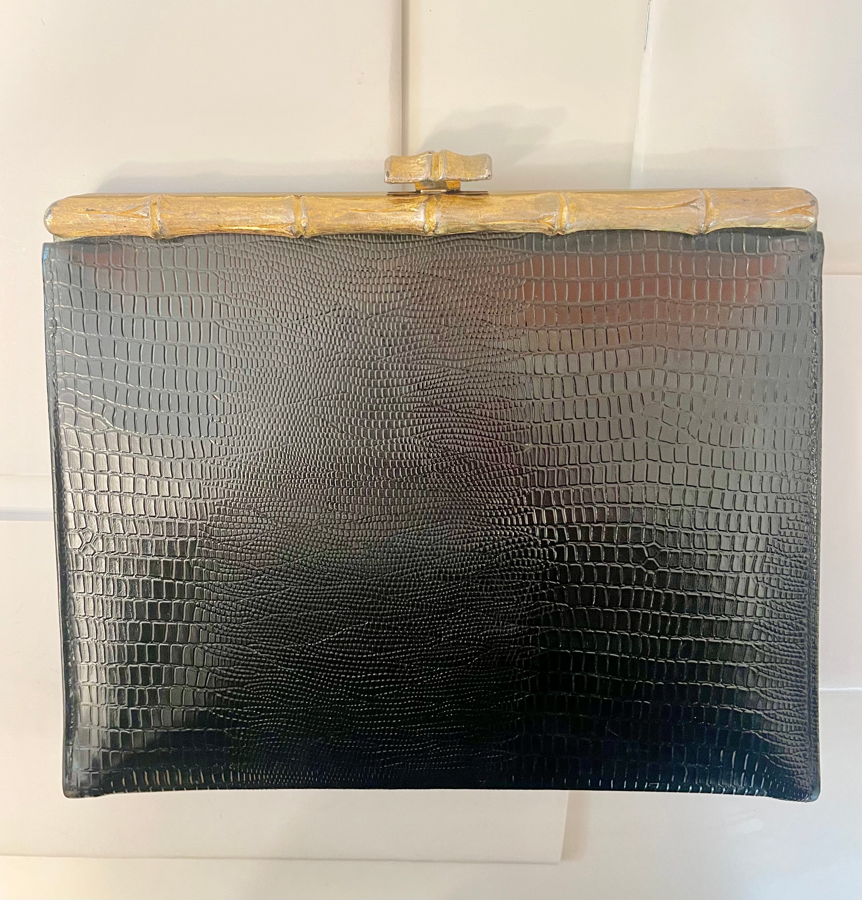 1960's Marshall Fields super classy faux leather clutch bag with bamboo details...