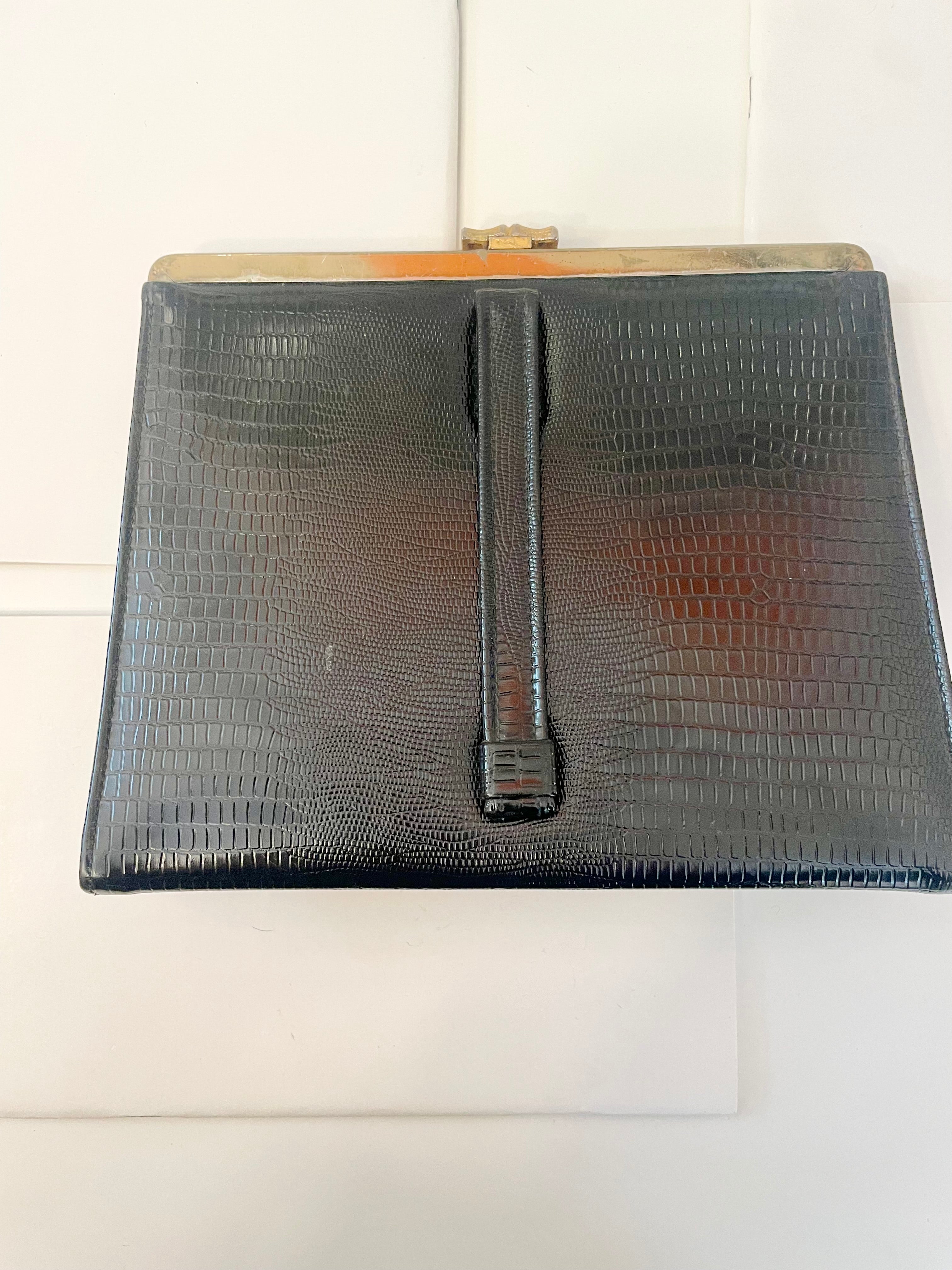 1960's Marshall Fields super classy faux leather clutch bag with bamboo details...