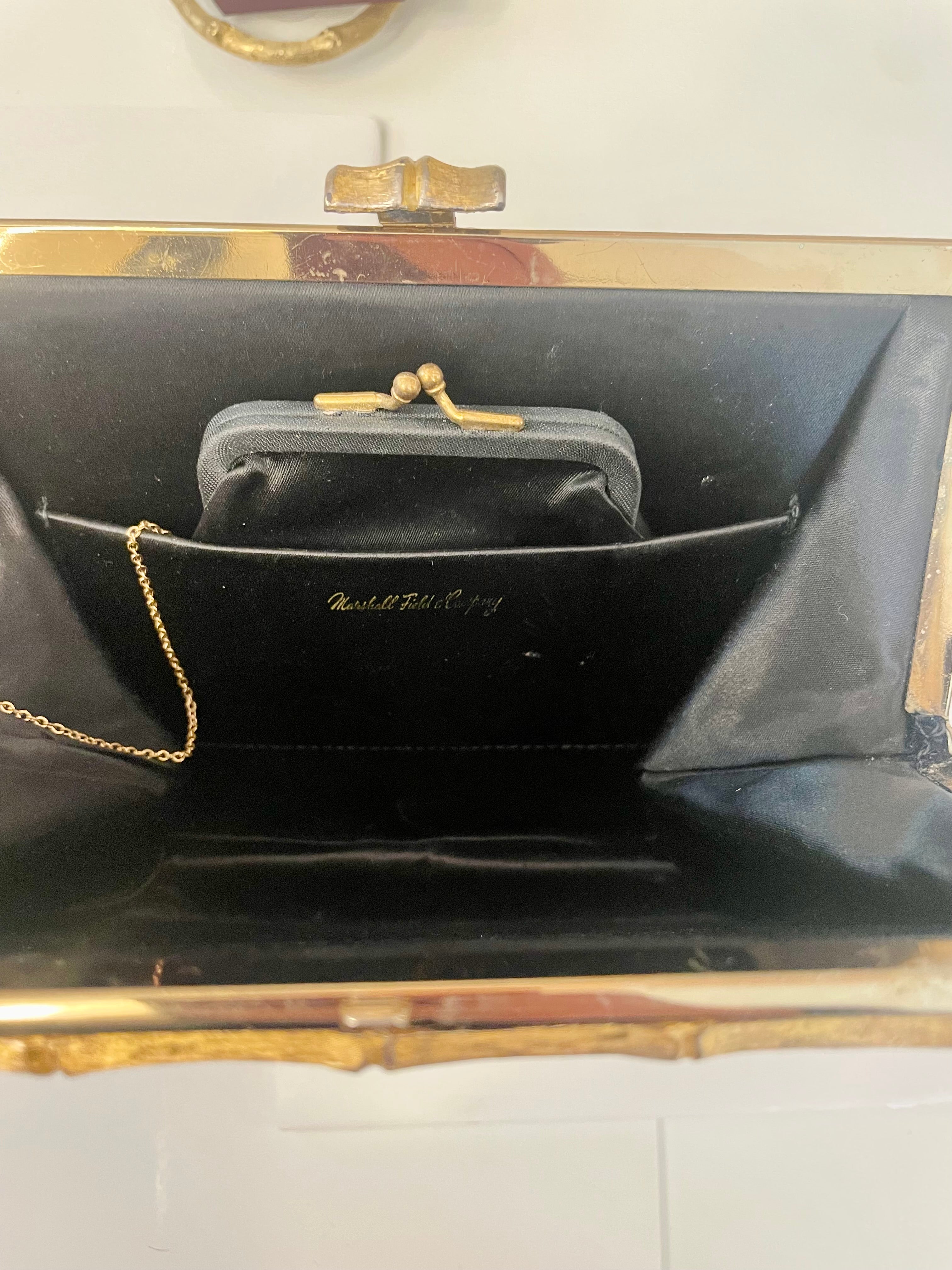 1960's Marshall Fields super classy faux leather clutch bag with bamboo details...