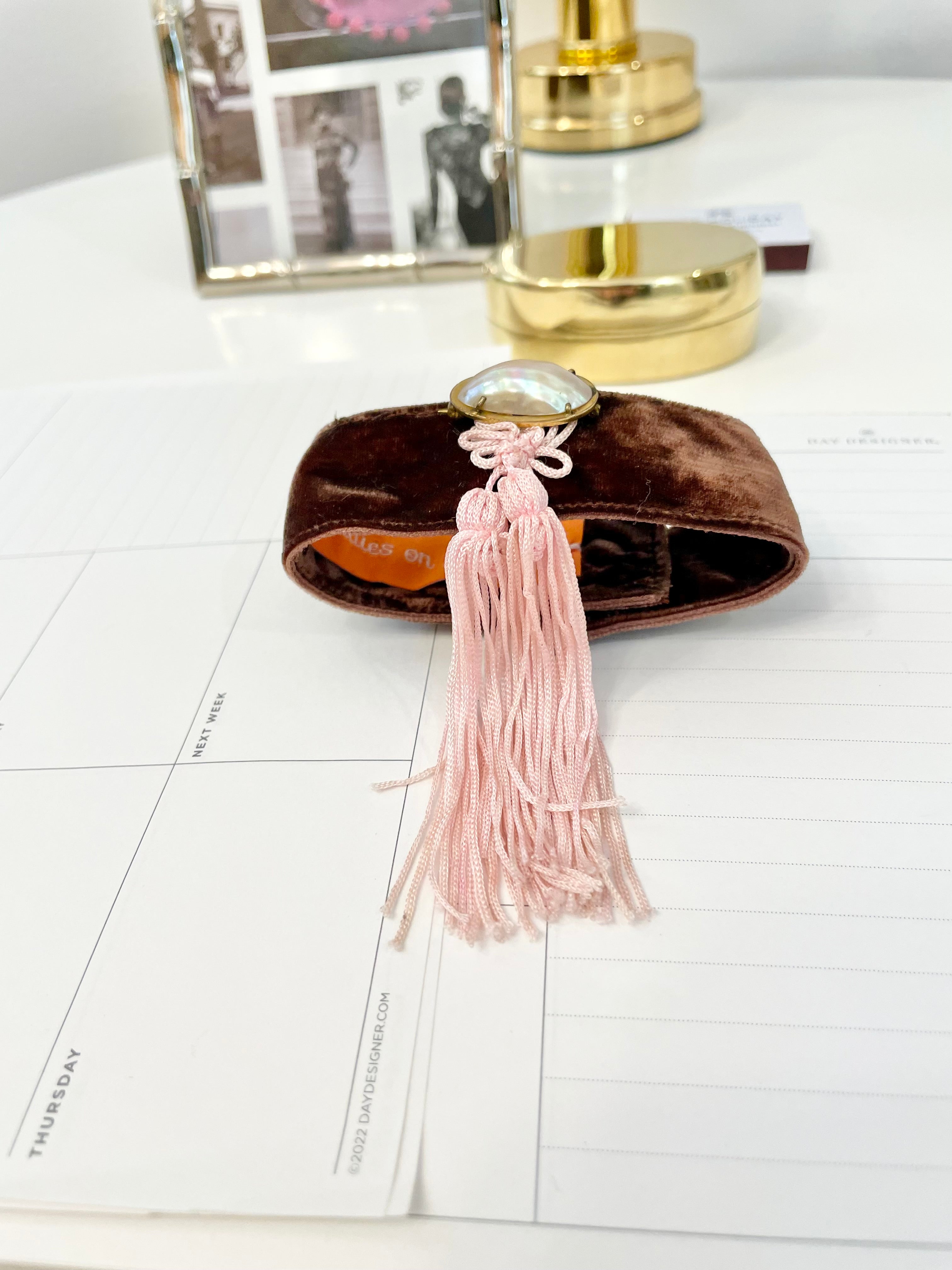 Ladies on Holiday stunning velvet tassel brooch adorned with a fresh water pearl... so chic