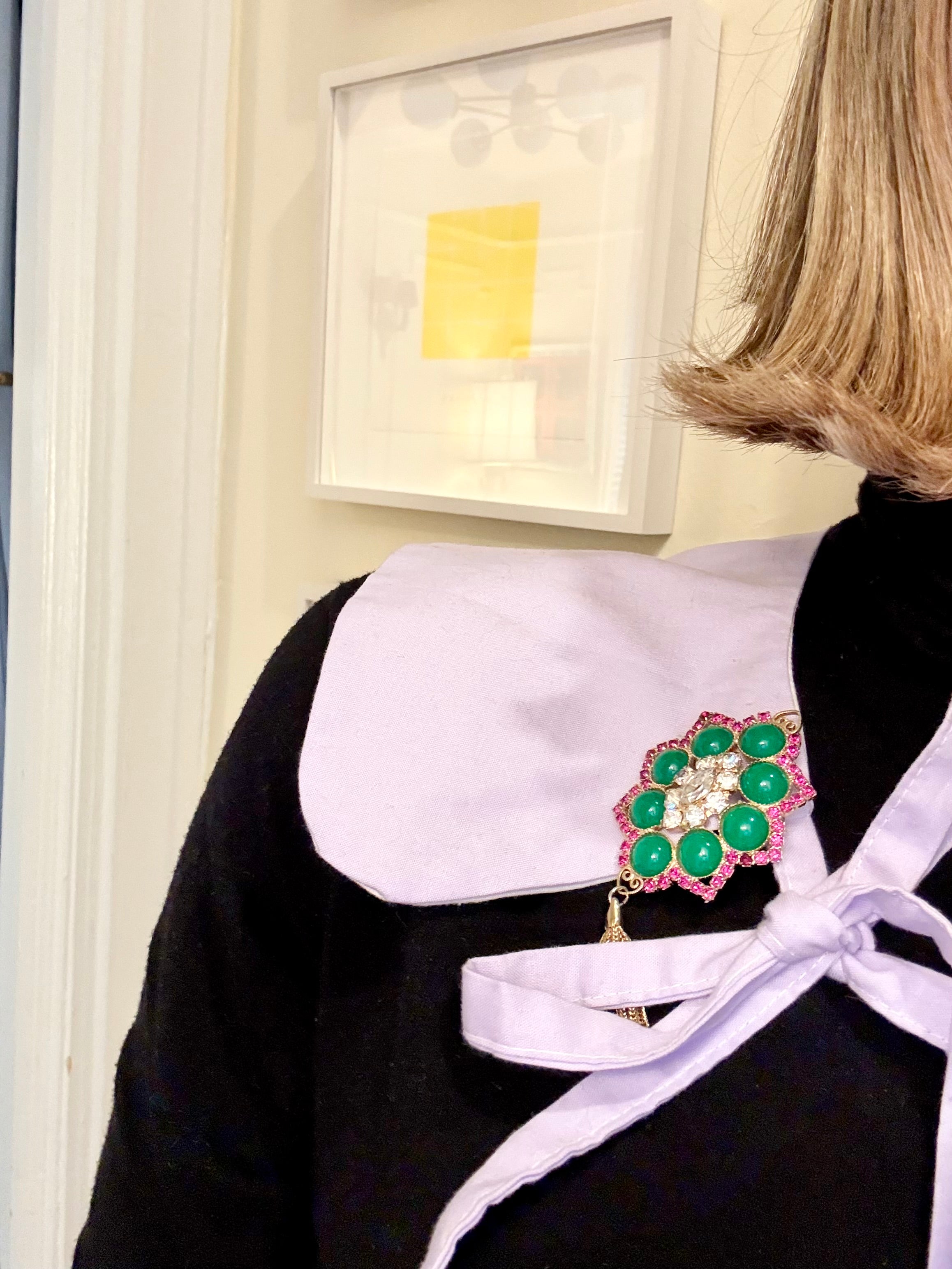 1960's extraordinary ruby and jade colored glass tassel brooch.... so darling!