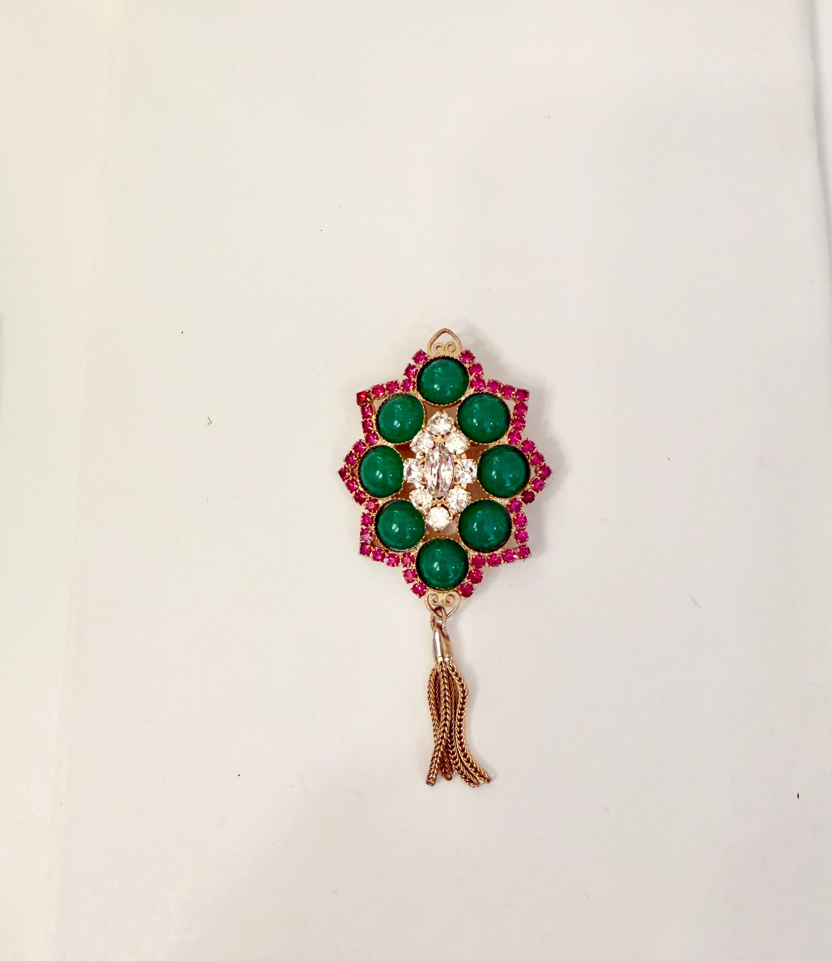1960's extraordinary ruby and jade colored glass tassel brooch.... so darling!