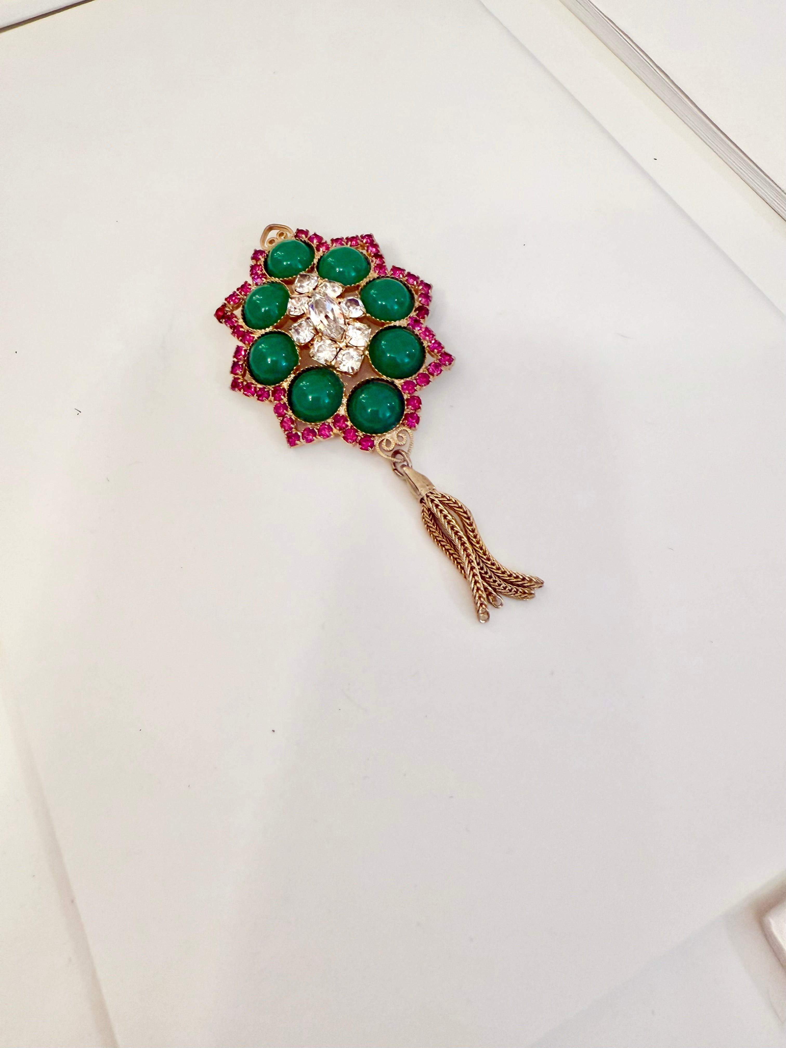 1960's extraordinary ruby and jade colored glass tassel brooch.... so darling!