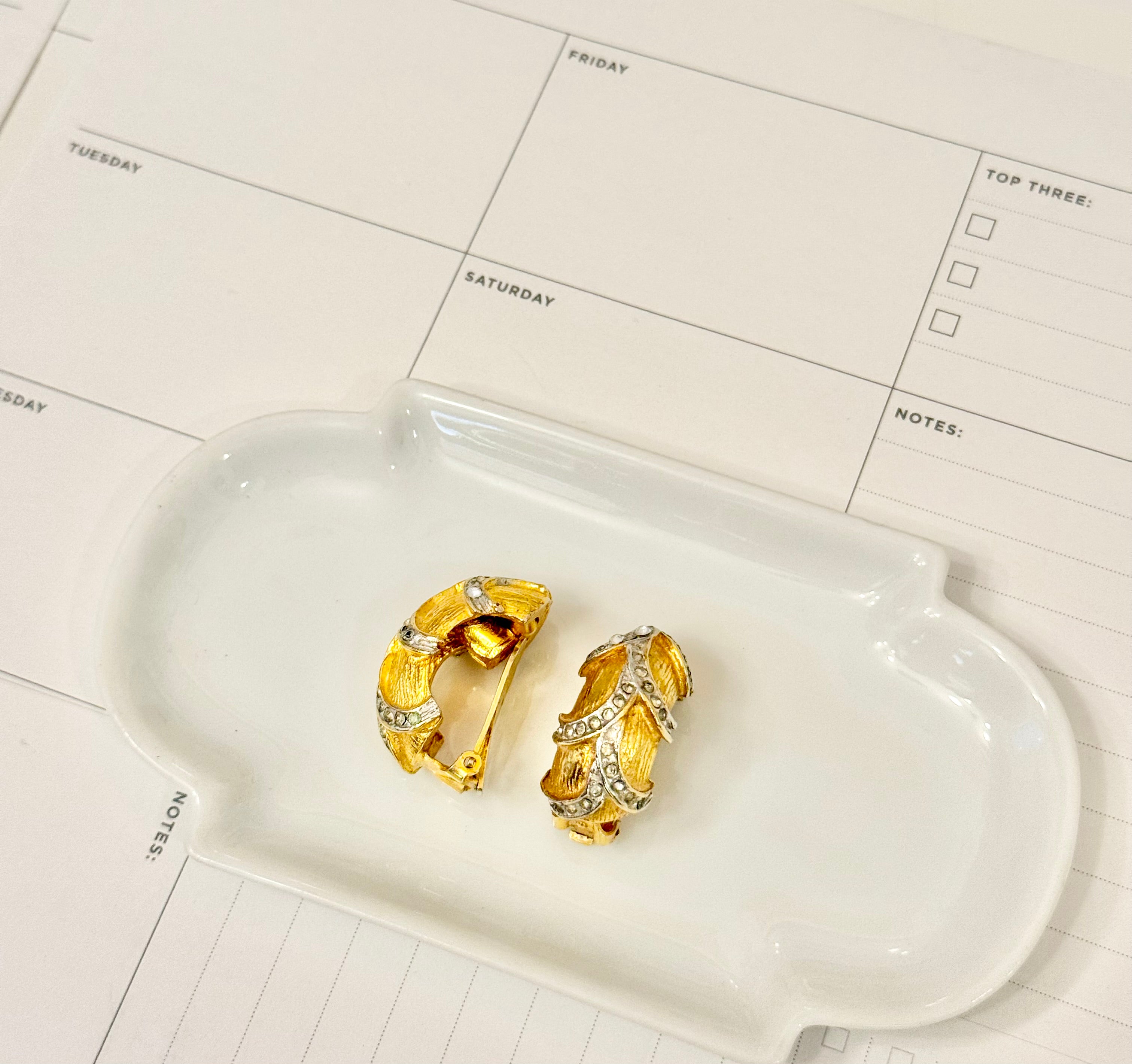 1960's rare KJL gold and pave glass stone shrimp style clip earrings..