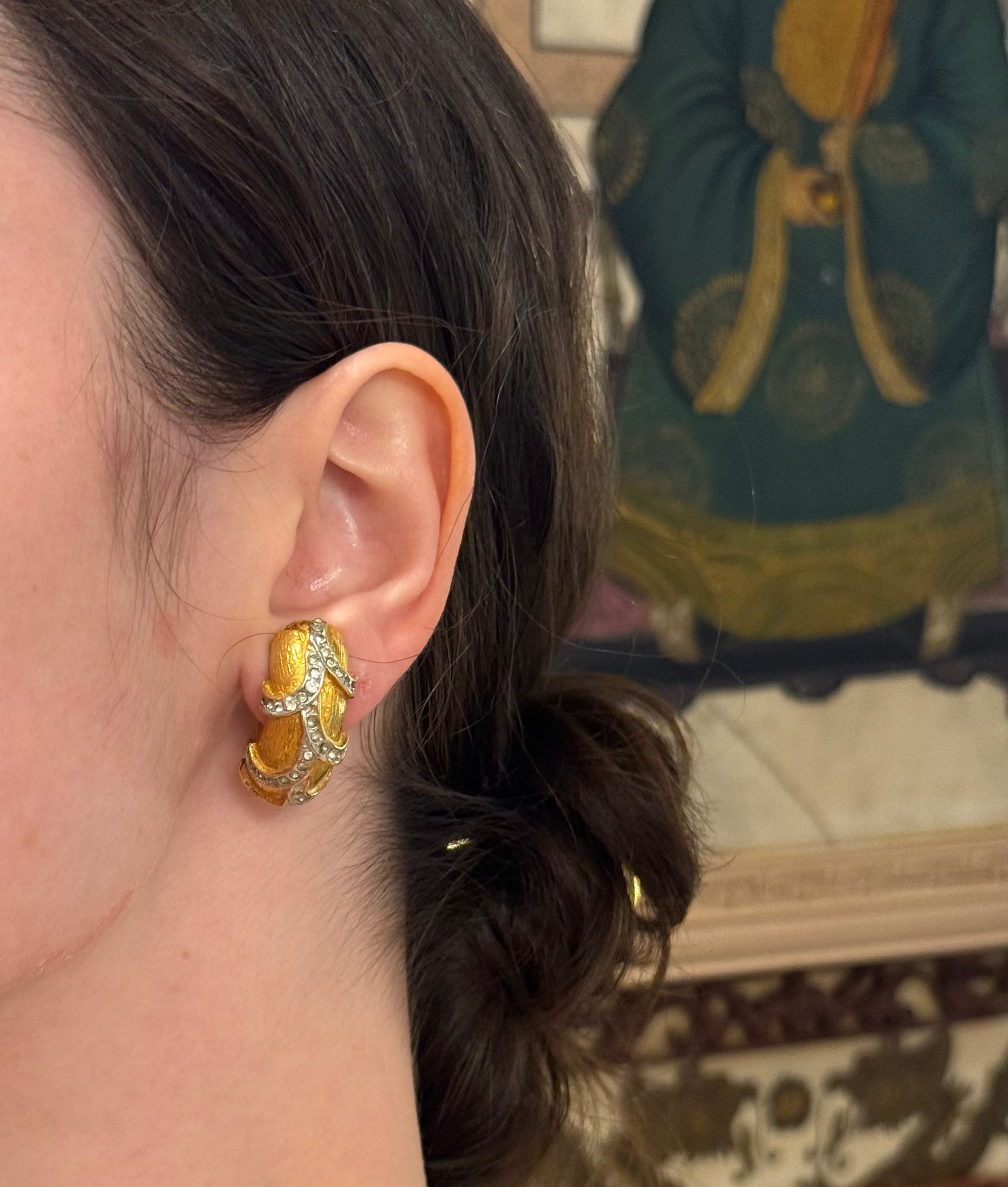 1960's rare KJL gold and pave glass stone shrimp style clip earrings..