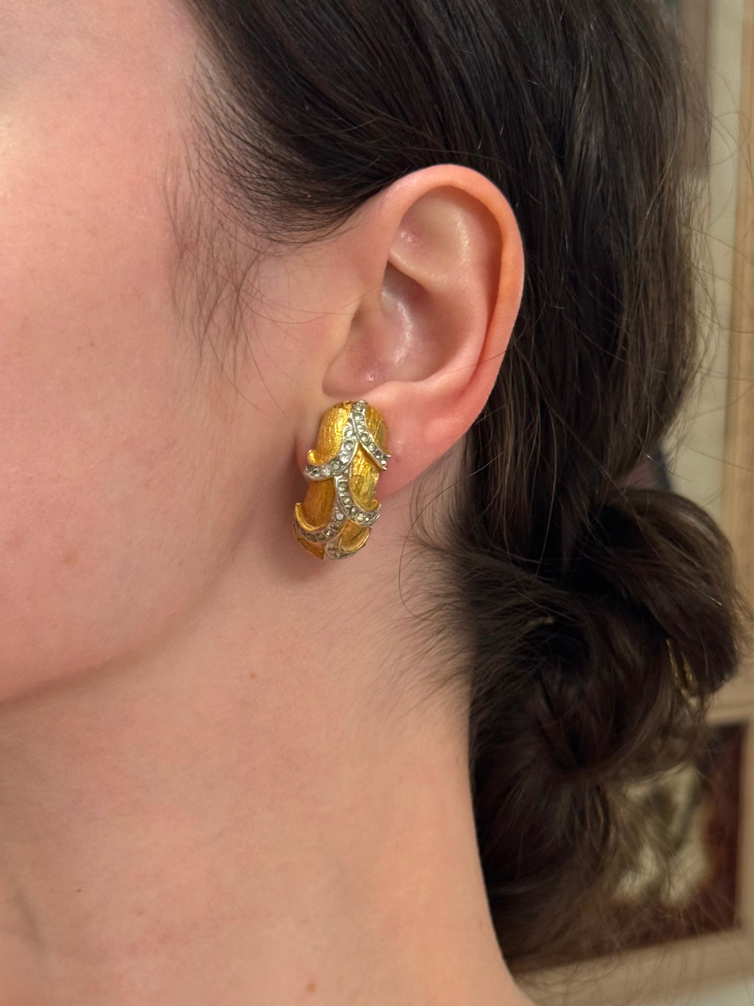 1960's rare KJL gold and pave glass stone shrimp style clip earrings..