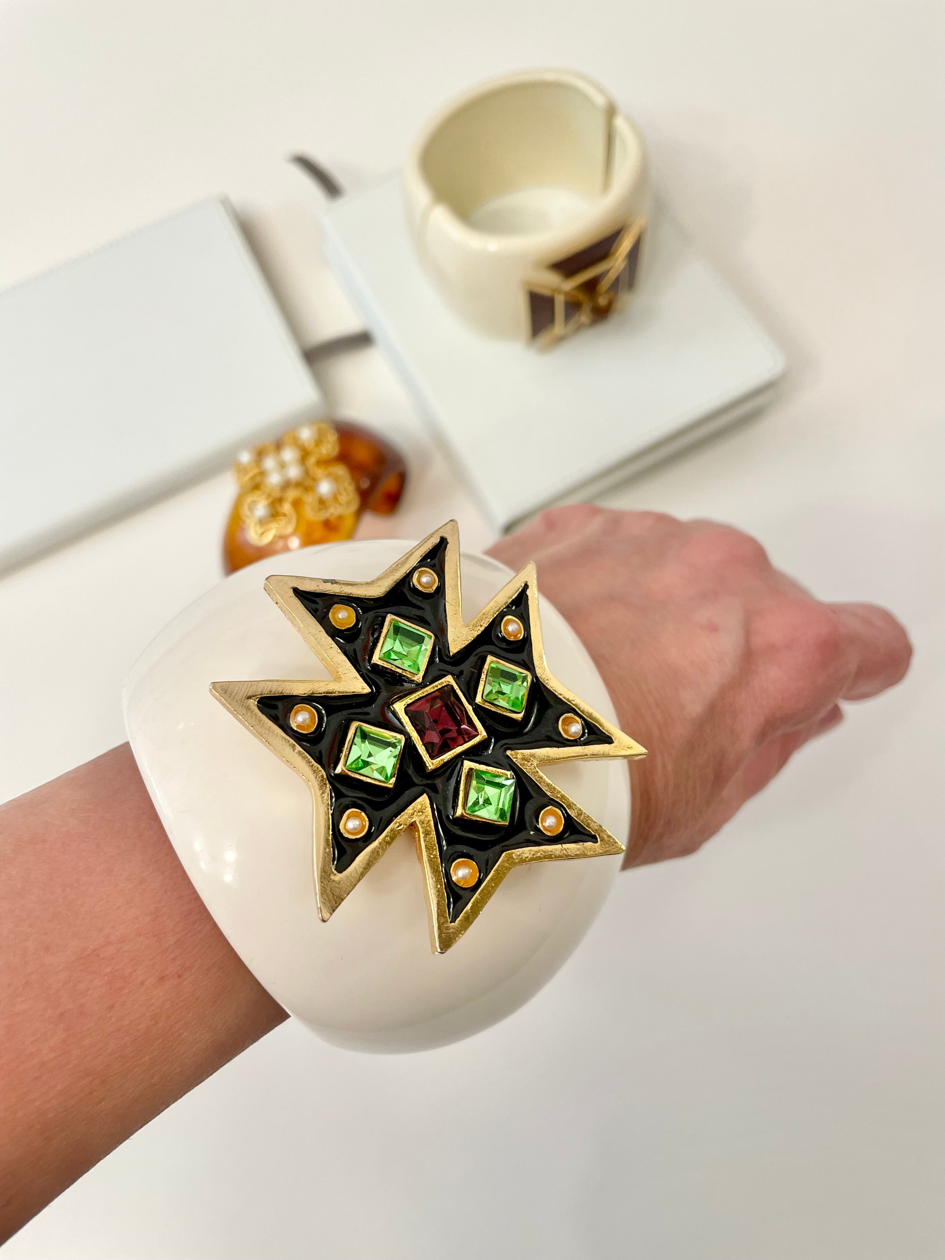 Ladies on Holiday custom stunning, ivory resin thick bangle, adorned with elegant Maltese cross... one of a kind delight