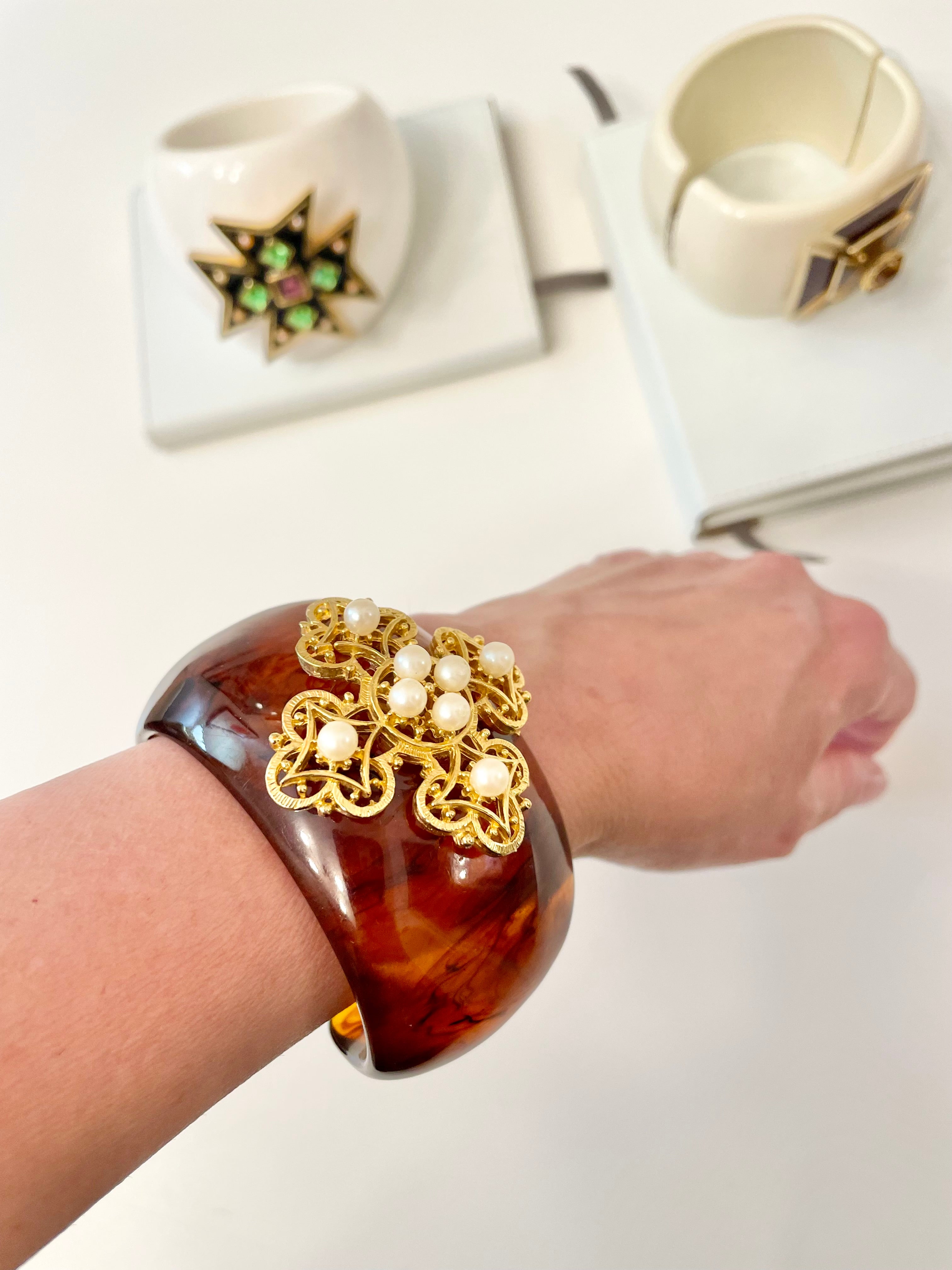 Ladies on Holiday custom resin tortoise cuff, adorned with pearl Maltese cross... so chic