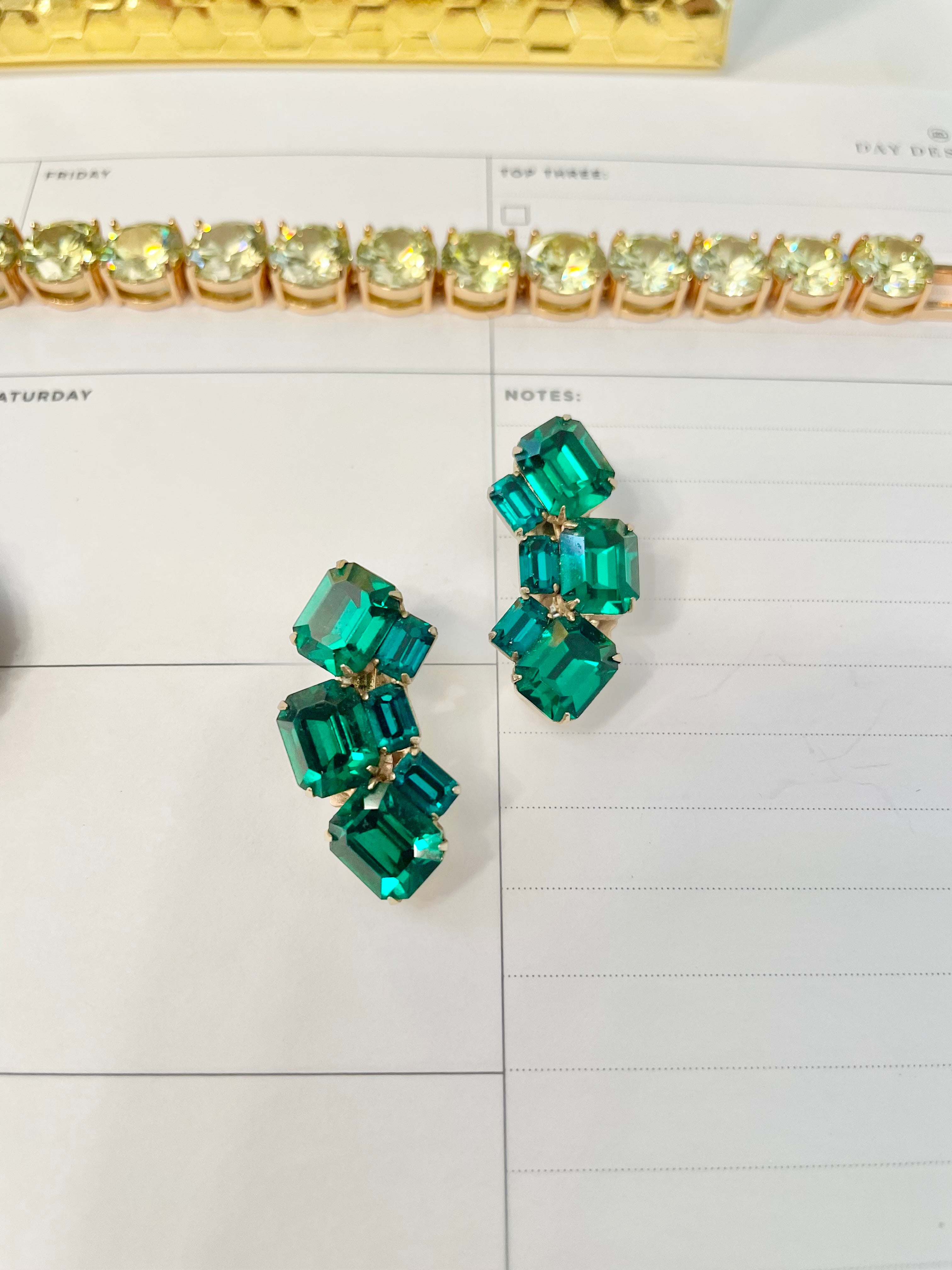 1960's divine emerald glass Weiss ear climbers.....so charming