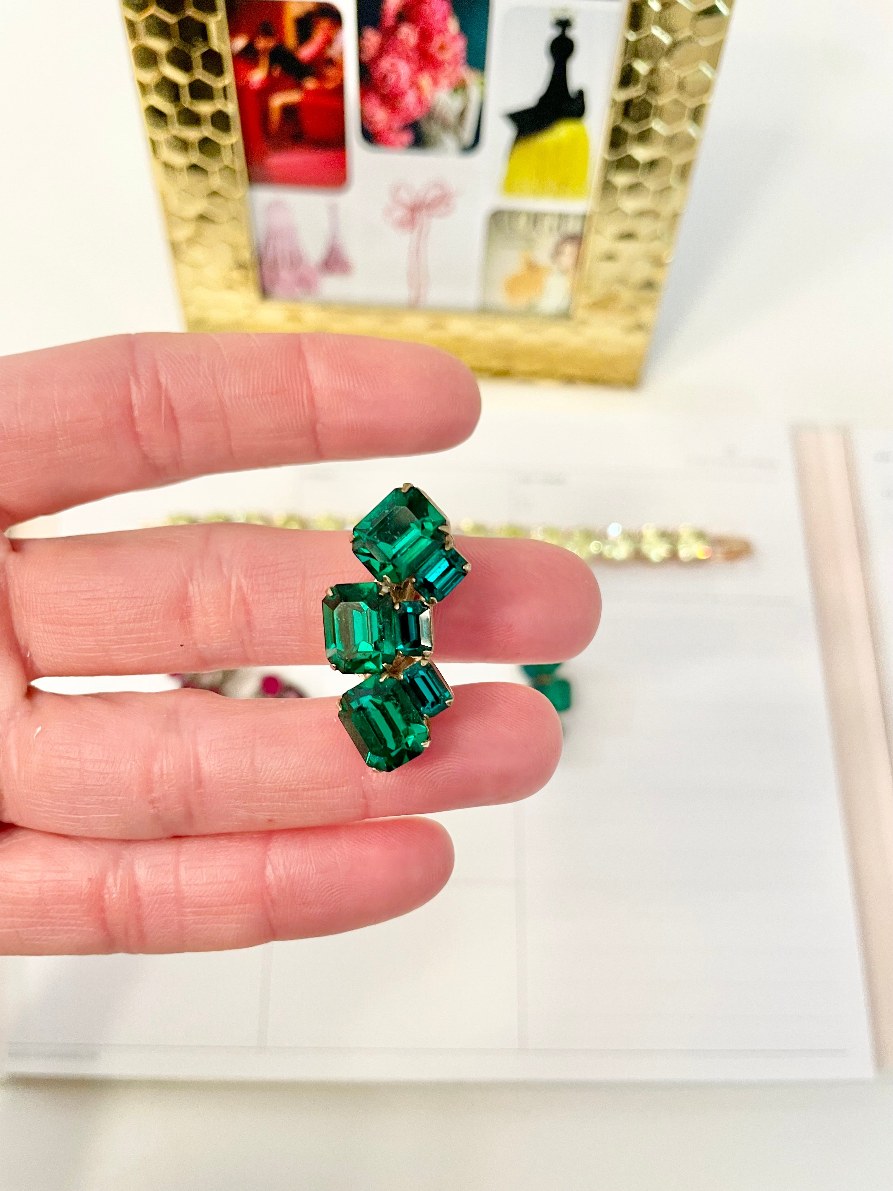 1960's divine emerald glass Weiss ear climbers.....so charming