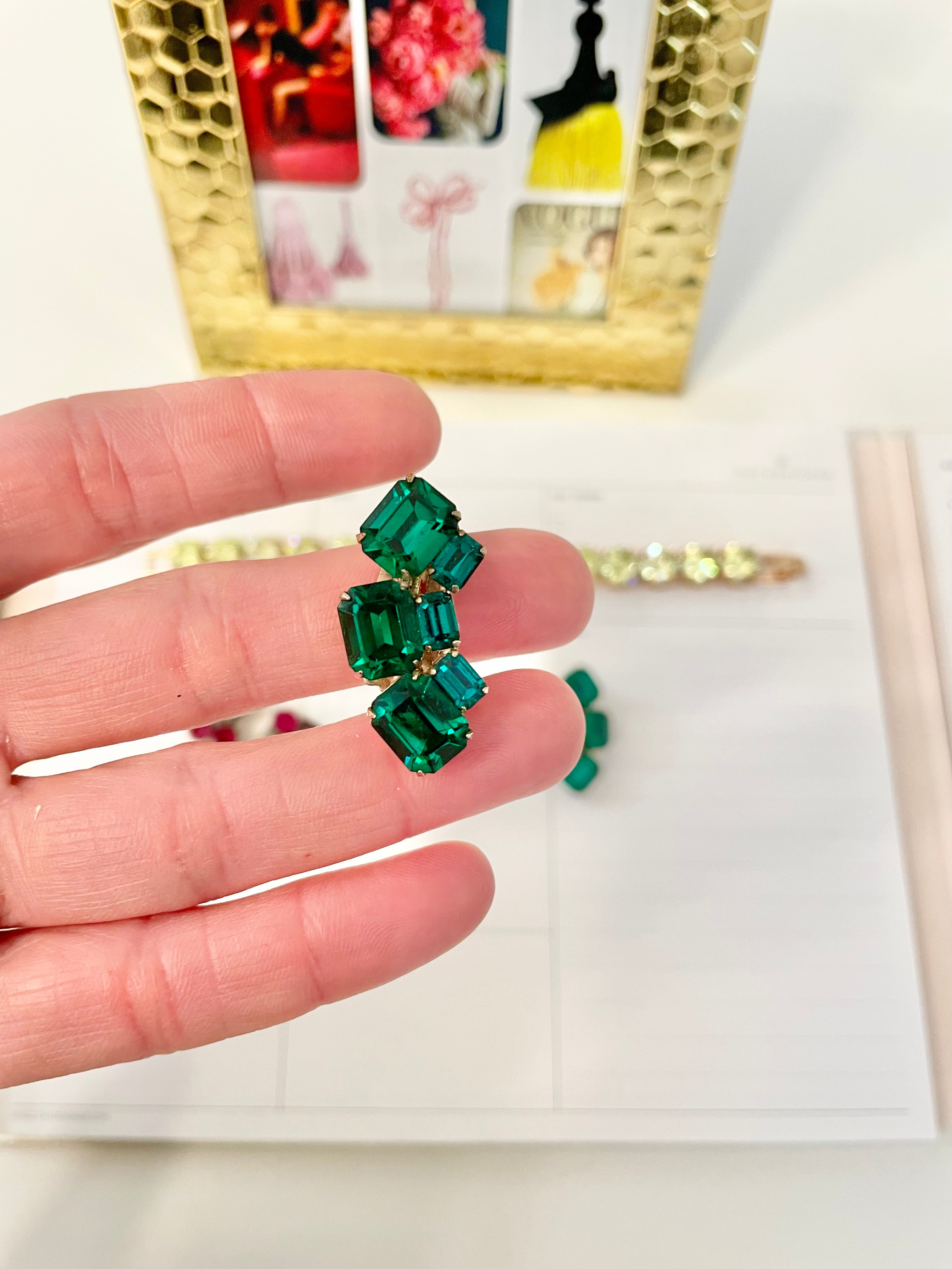 1960's divine emerald glass Weiss ear climbers.....so charming