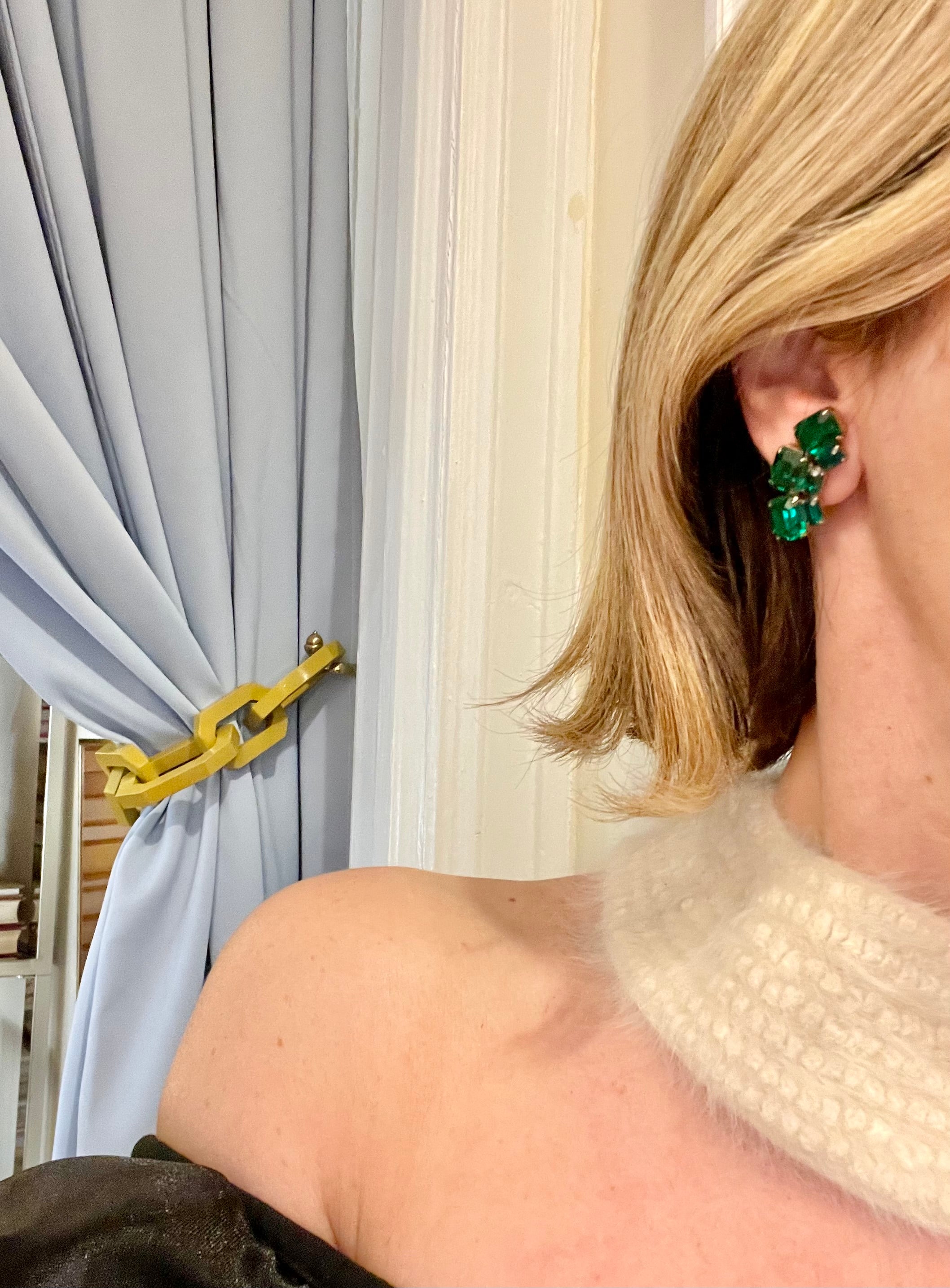 1960's divine emerald glass Weiss ear climbers.....so charming