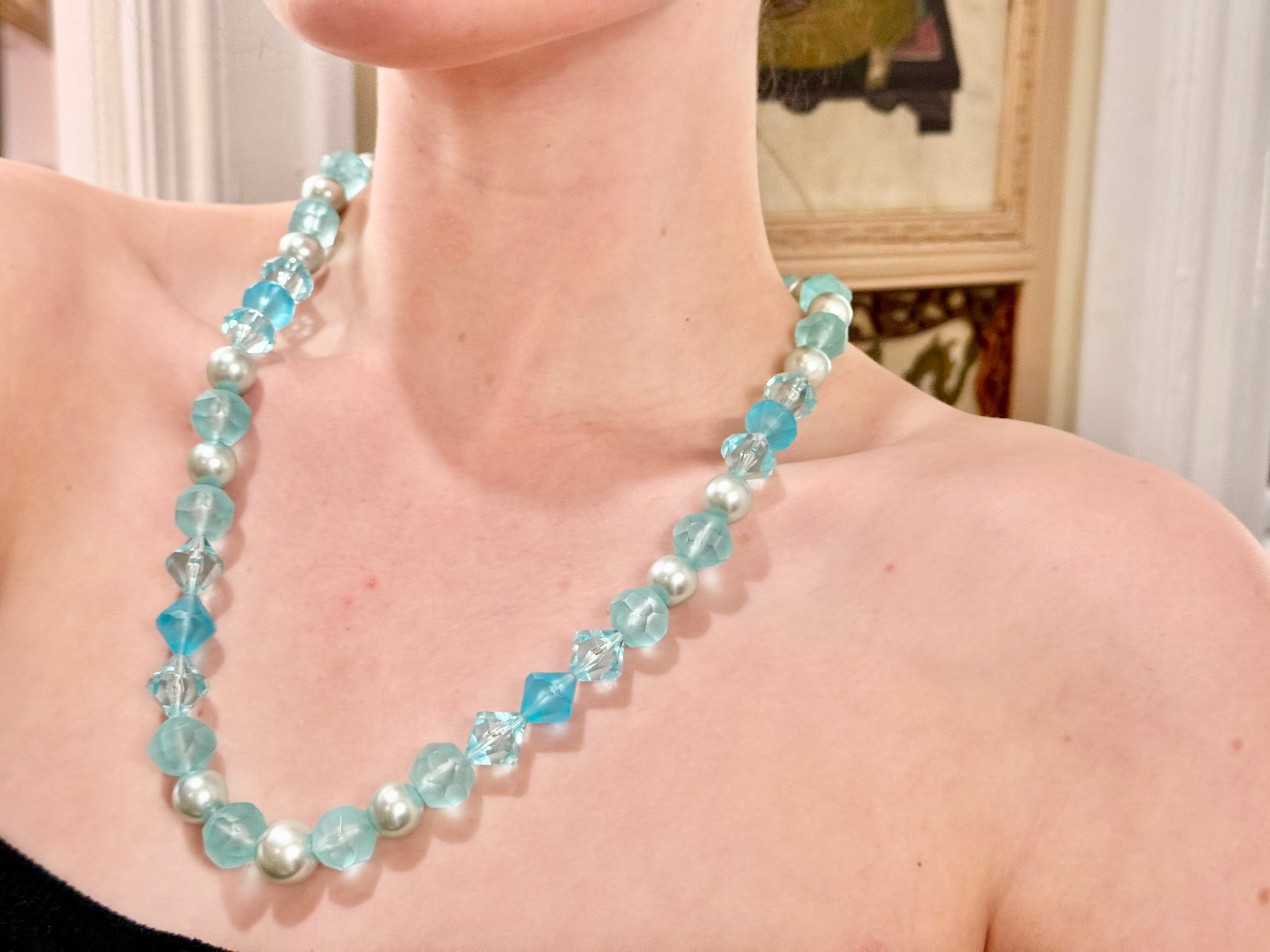The most perfect aqua lucite long beaded necklace...