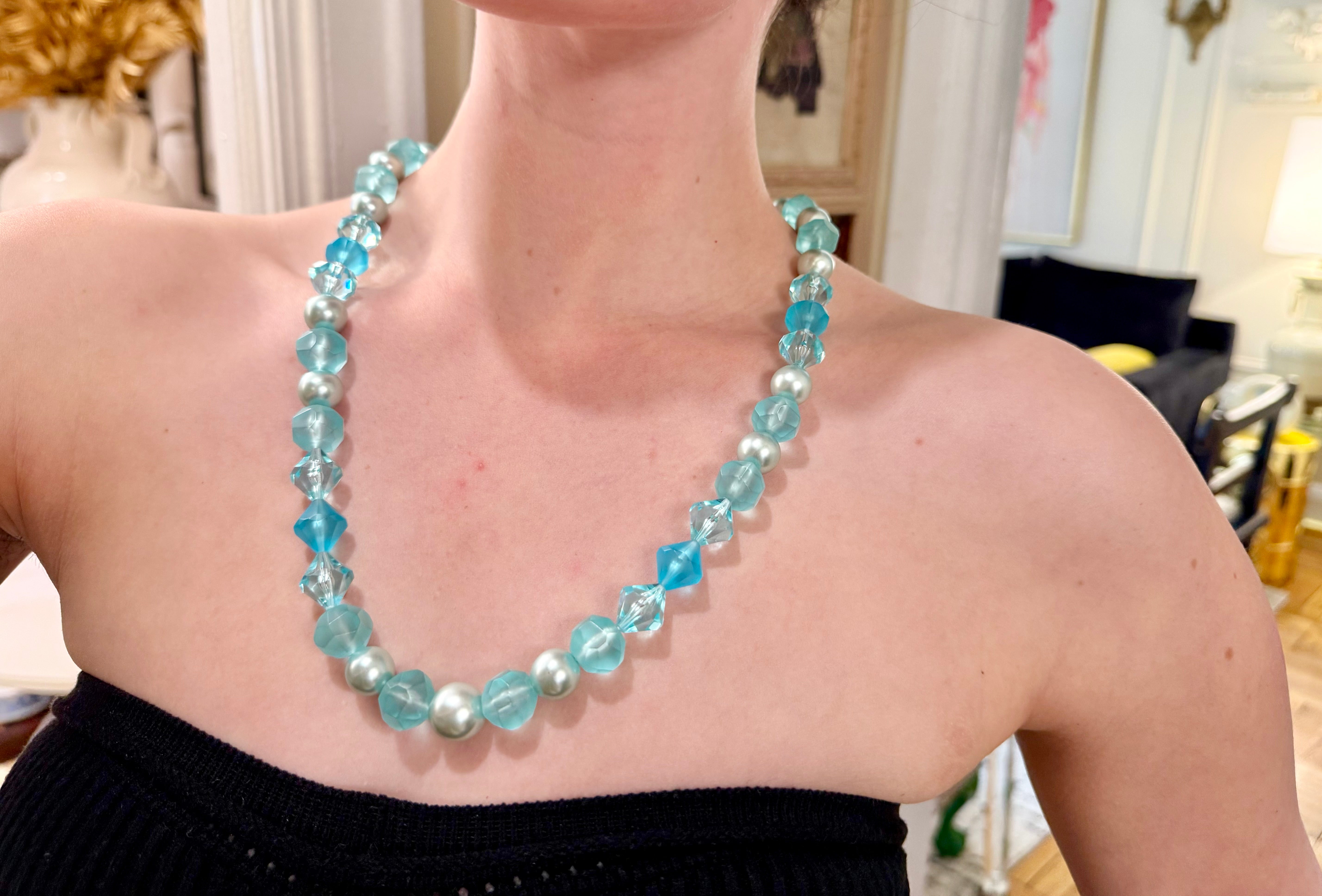 The most perfect aqua lucite long beaded necklace...
