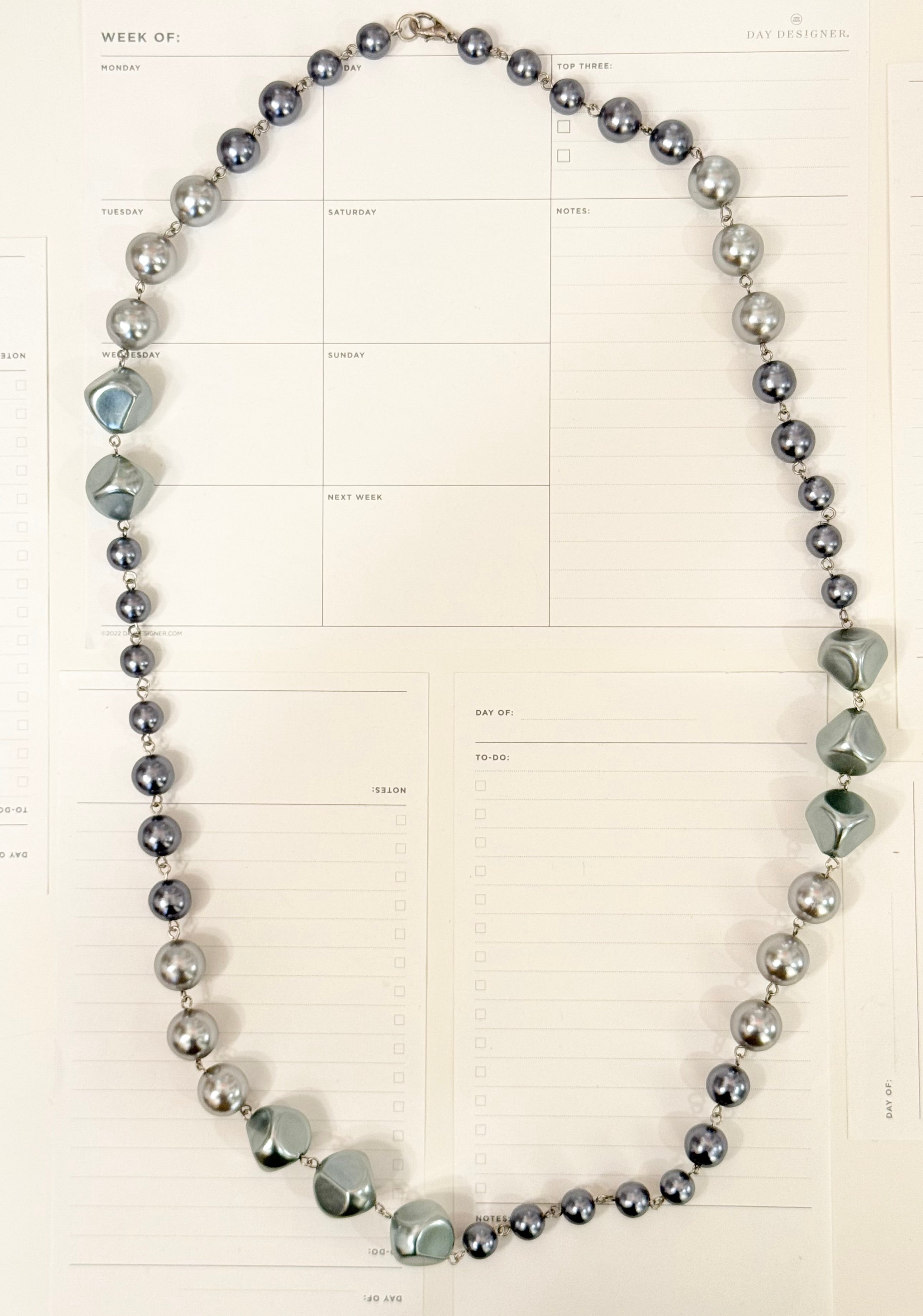 1980's super chic long faux gray pearl necklace..