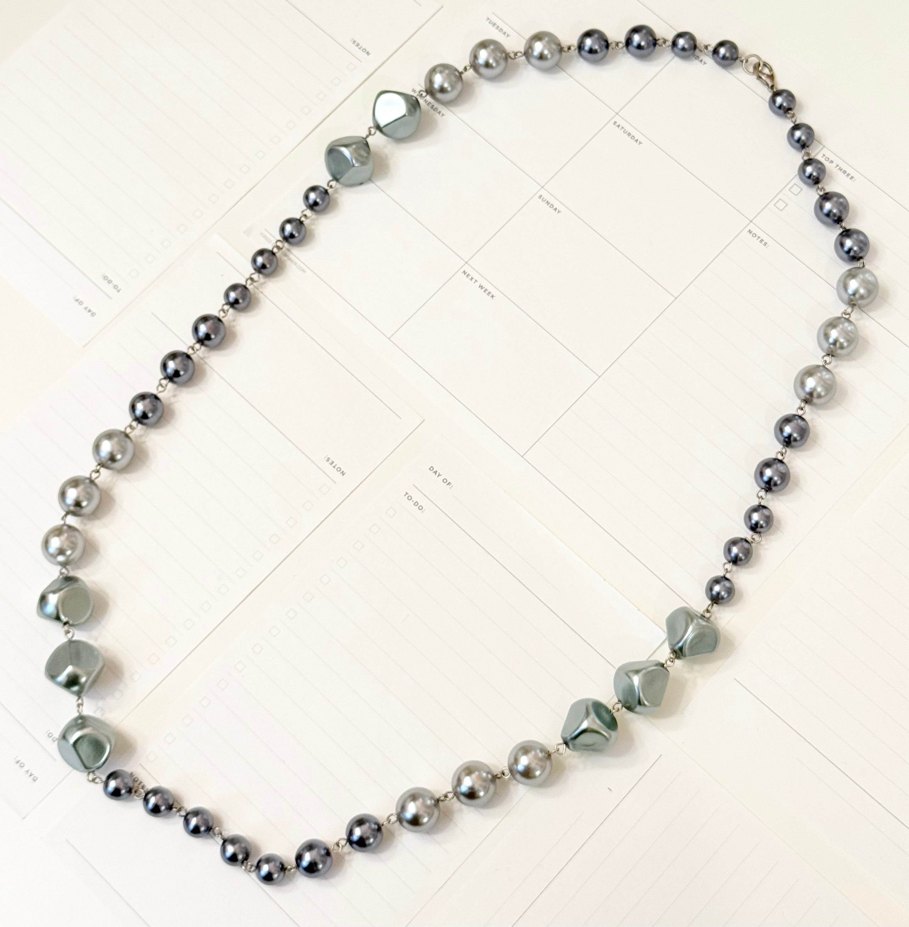 1980's super chic long faux gray pearl necklace..