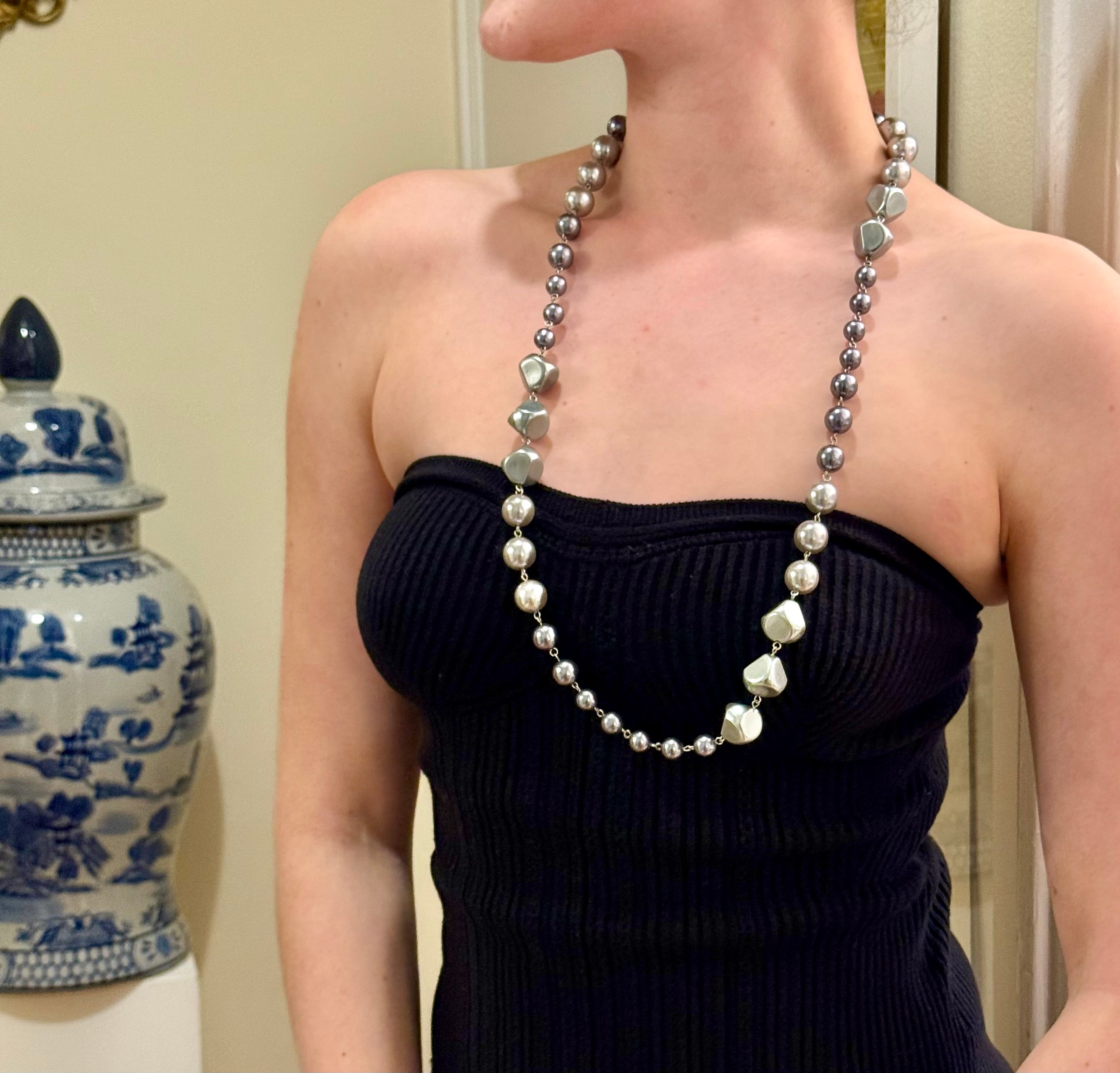 1980's super chic long faux gray pearl necklace..