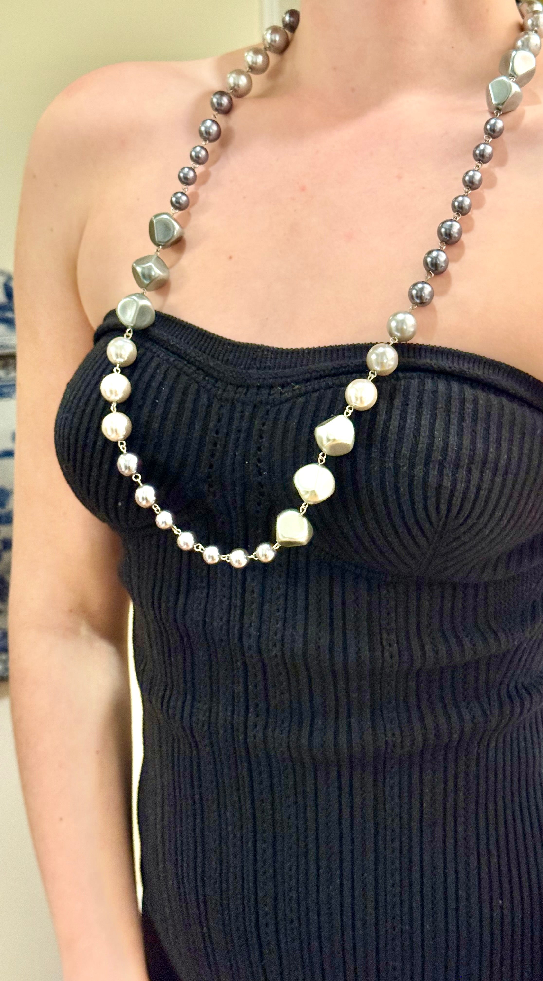 1980's super chic long faux gray pearl necklace..