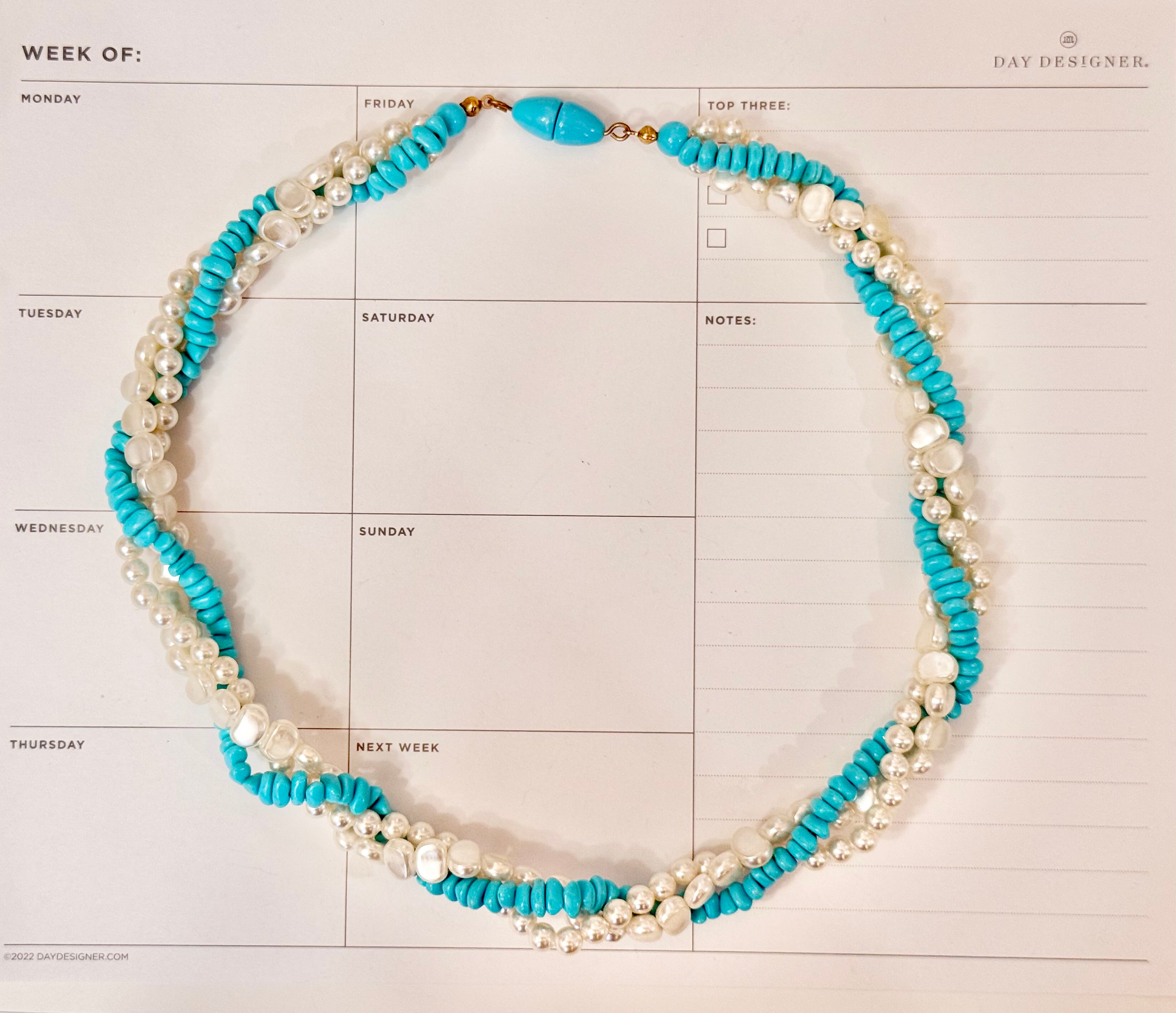 1960's lovely faux pearl, and turquoise beaded necklace.