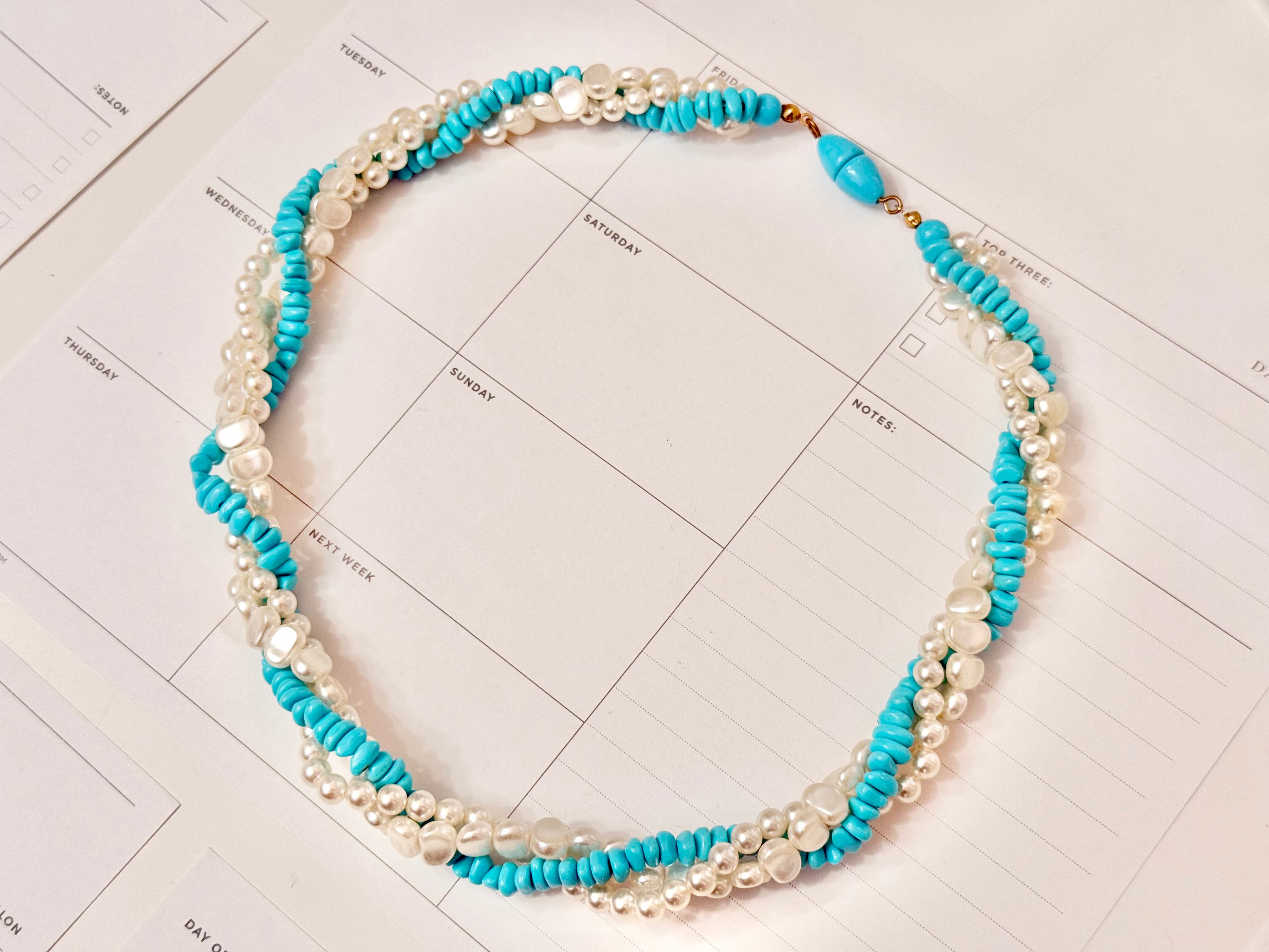 1960's lovely faux pearl, and turquoise beaded necklace.