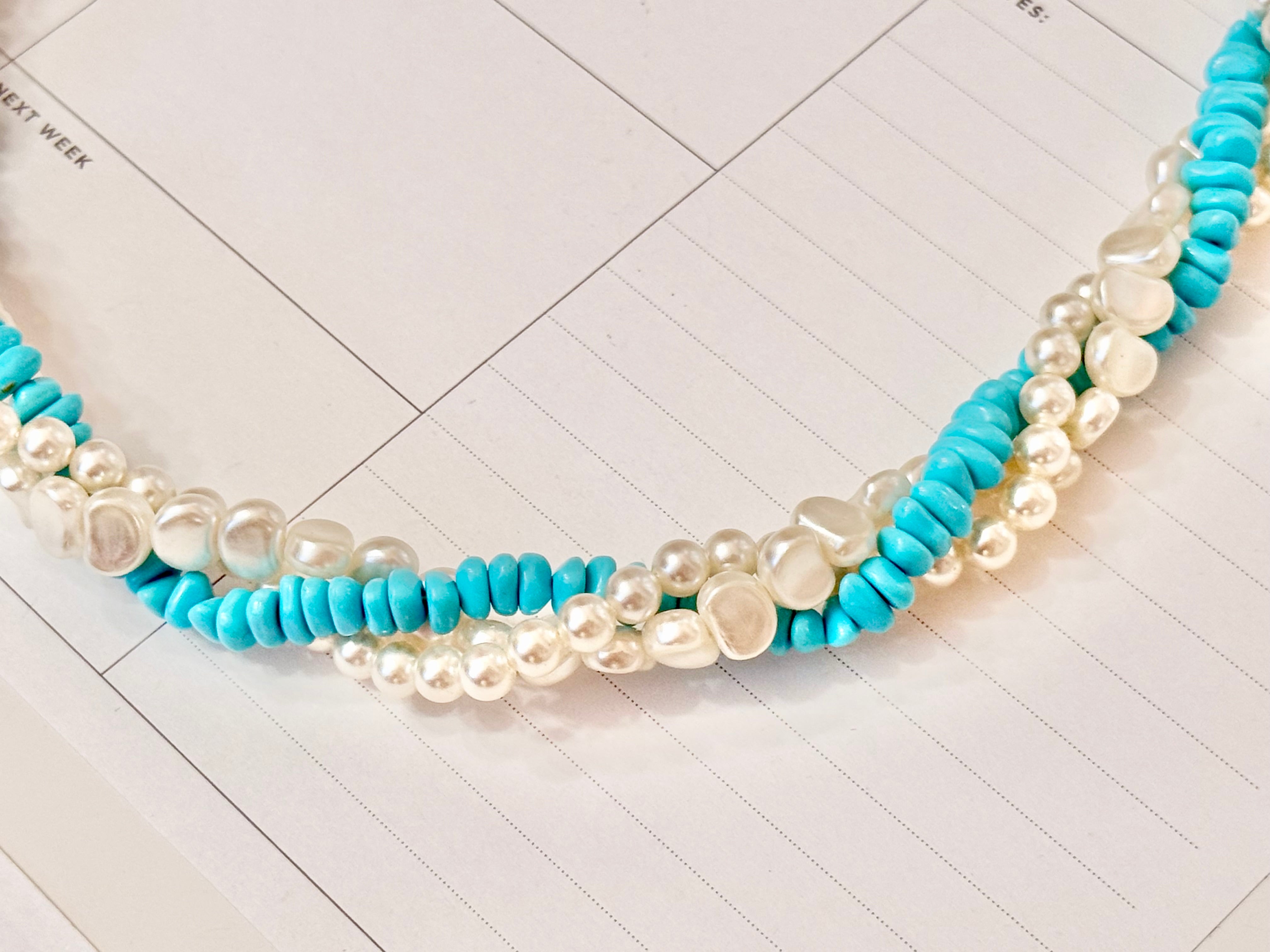 1960's lovely faux pearl, and turquoise beaded necklace.