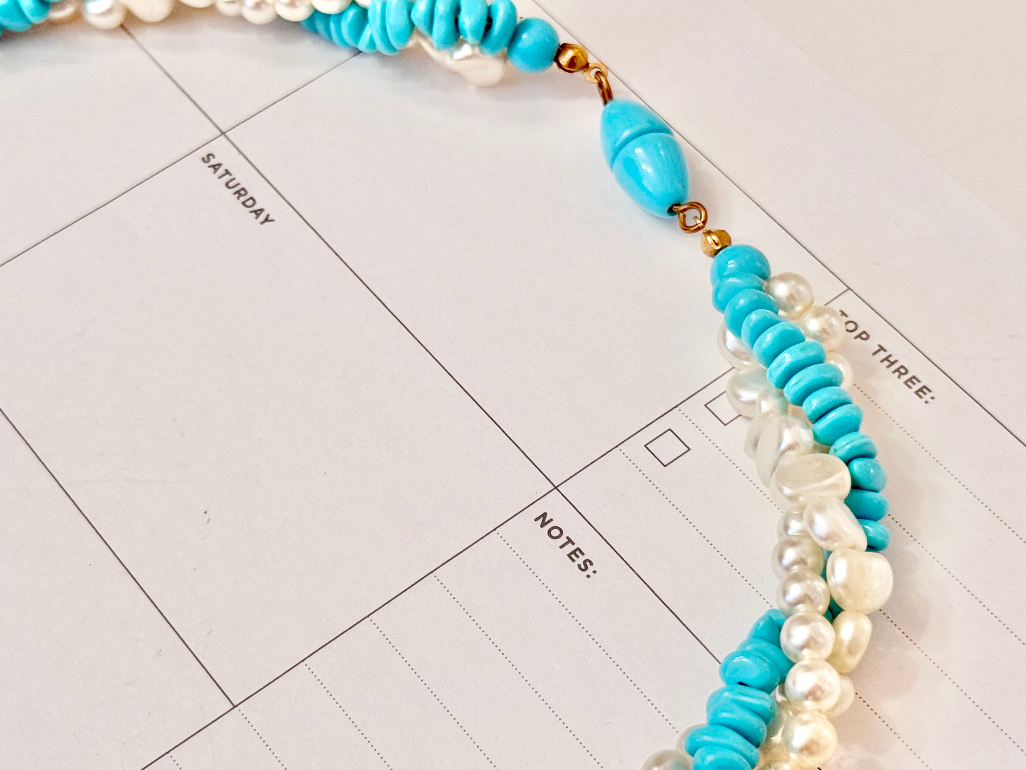 1960's lovely faux pearl, and turquoise beaded necklace.