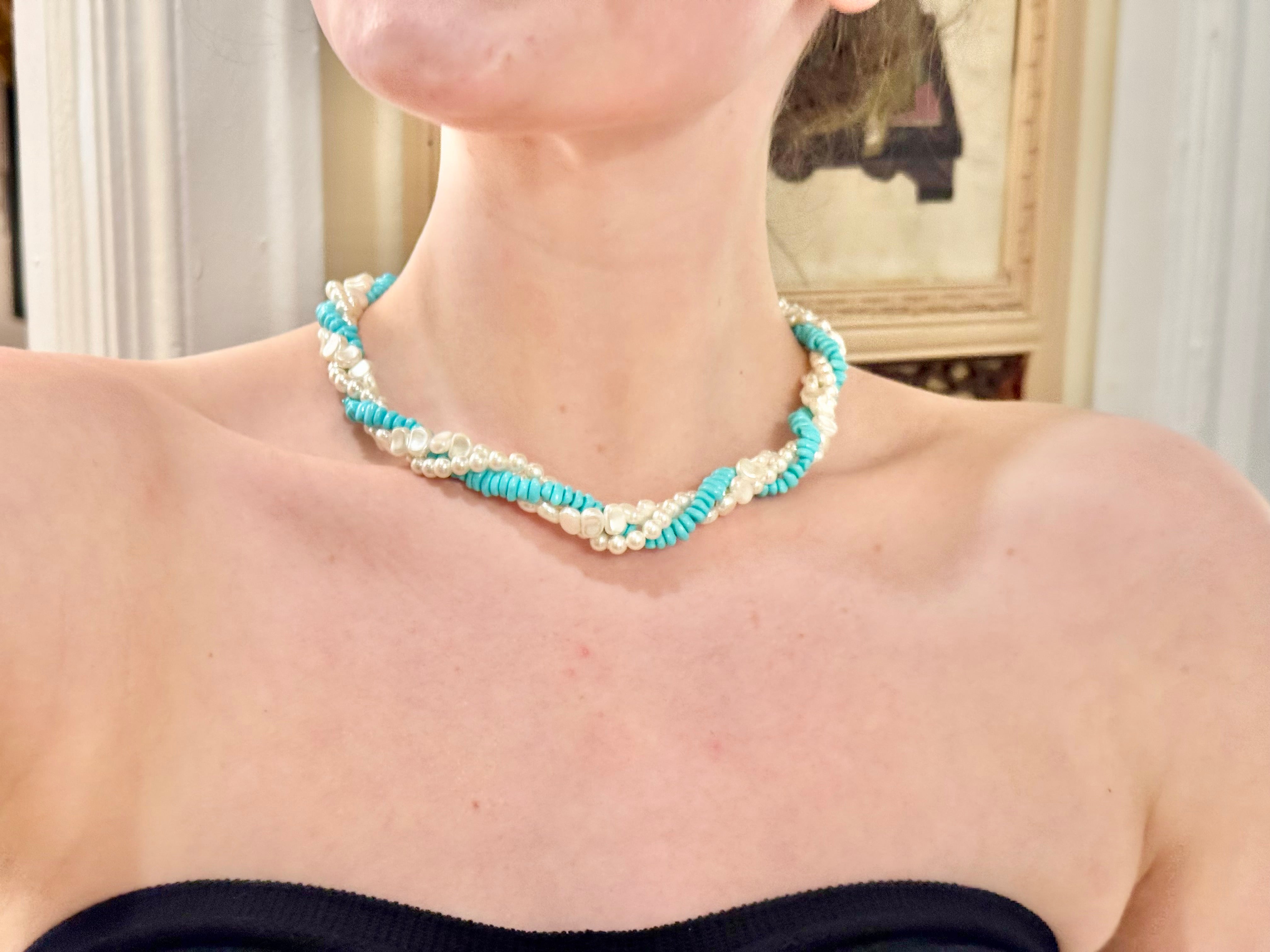 1960's lovely faux pearl, and turquoise beaded necklace.