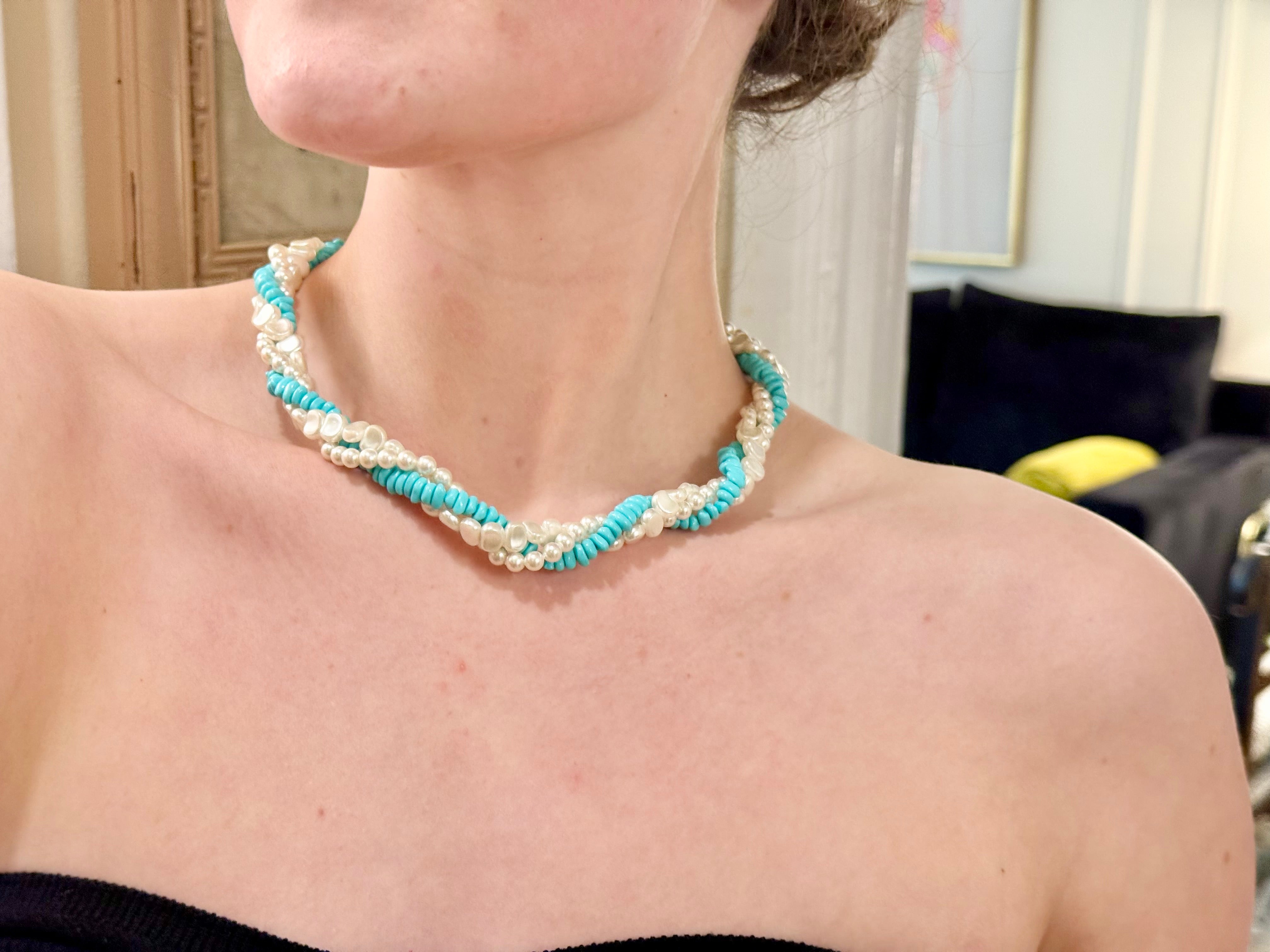 1960's lovely faux pearl, and turquoise beaded necklace.